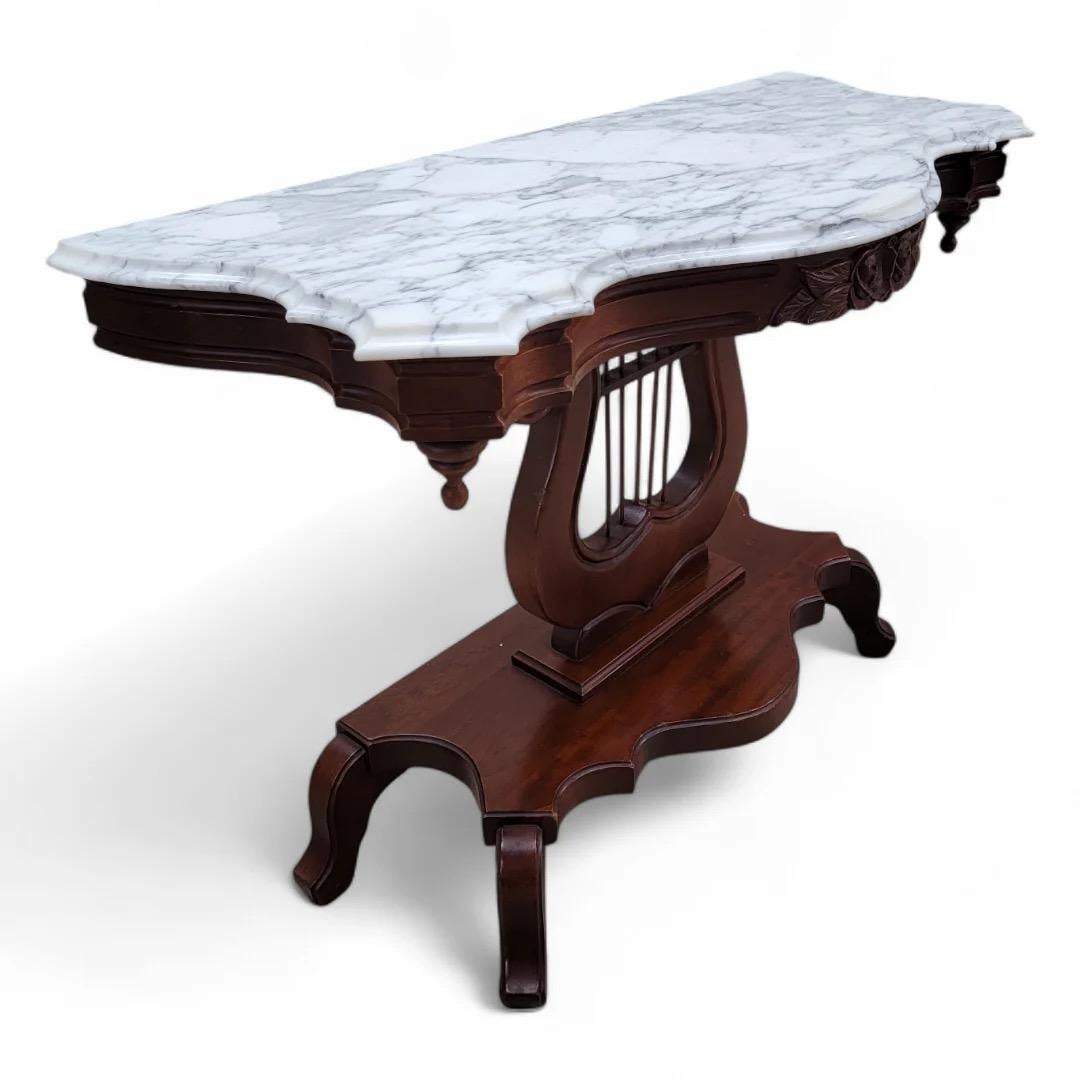 20th Century Victorian Style J.B. Van Sciver Marble Top Mahogany Harp Lyre Console Table For Sale