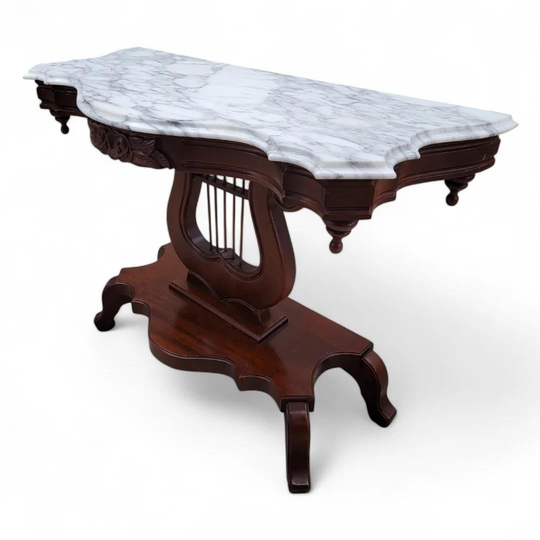 Victorian Style J.B. Van Sciver Marble Top Mahogany Harp Lyre Console Table For Sale 1