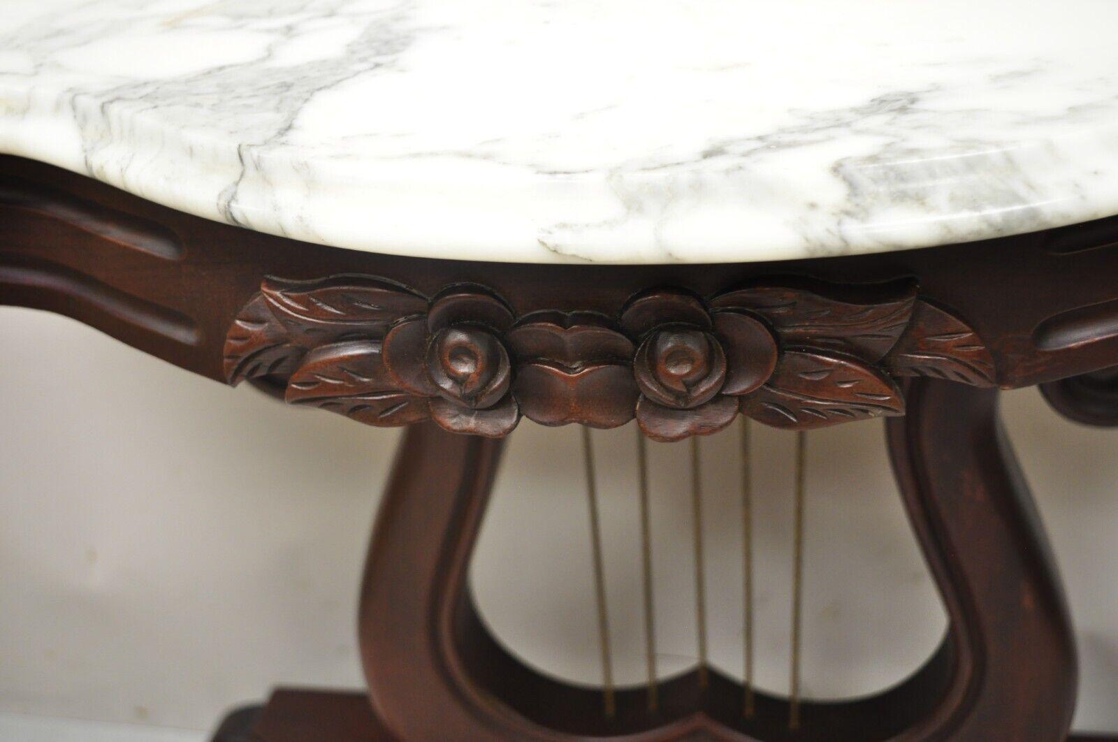 20th Century Victorian Style J.B. Van Sciver Marble Top Mahogany Harp Lyre Console Table