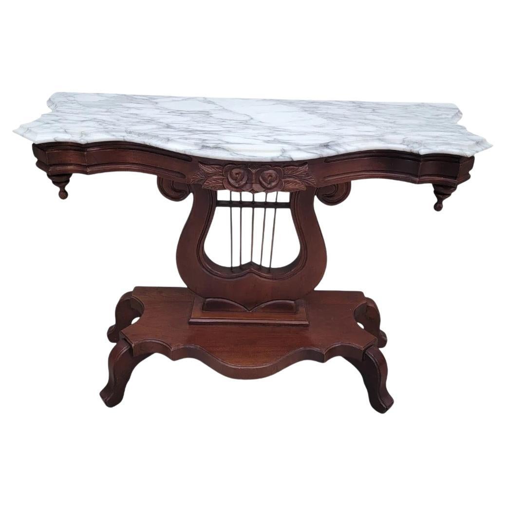 Victorian Style J.B. Van Sciver Marble Top Mahogany Harp Lyre Console Table