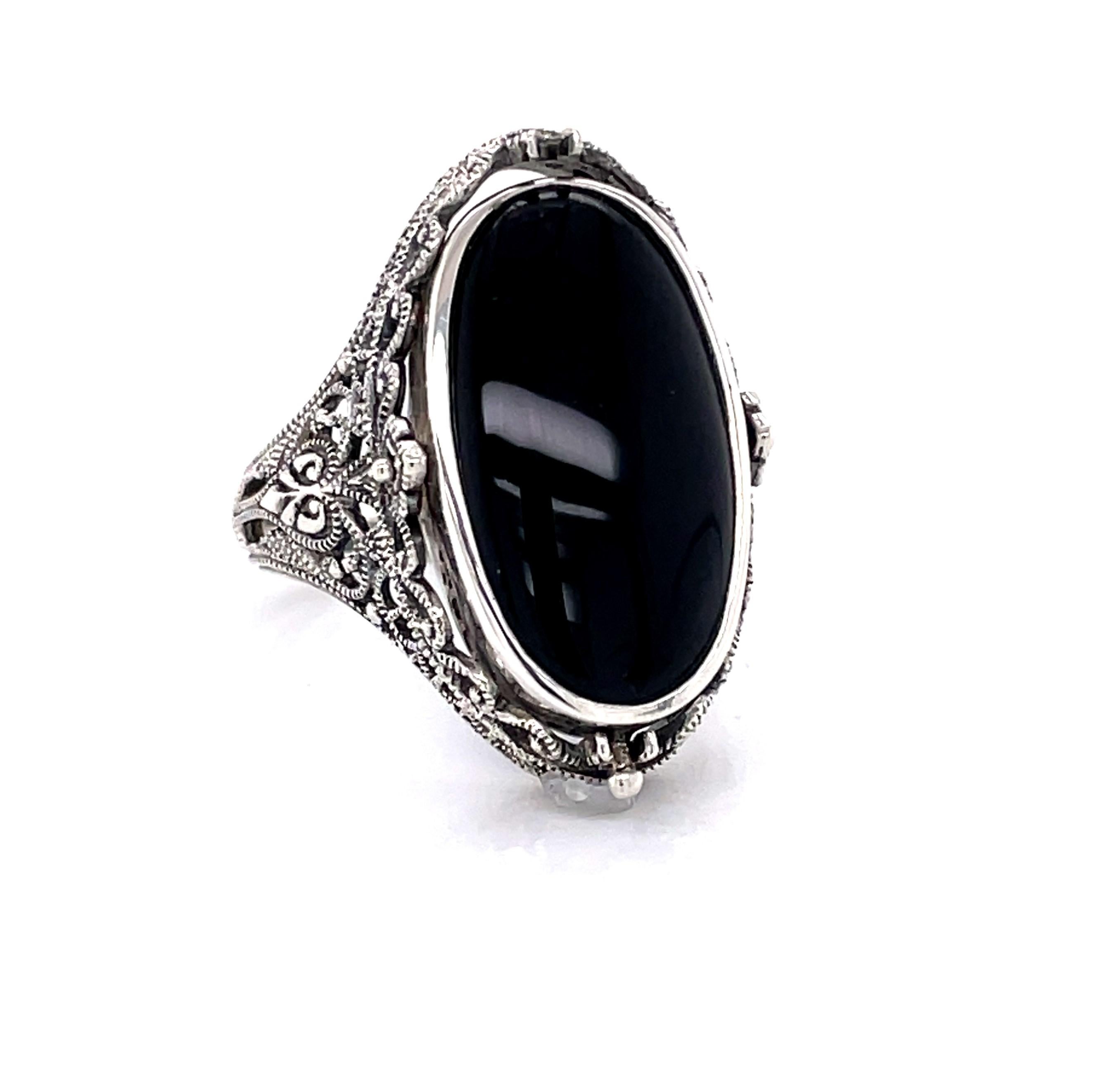 Victorian Style Lapis Diamond Black Onyx Sterling Silver Flip Ring 7