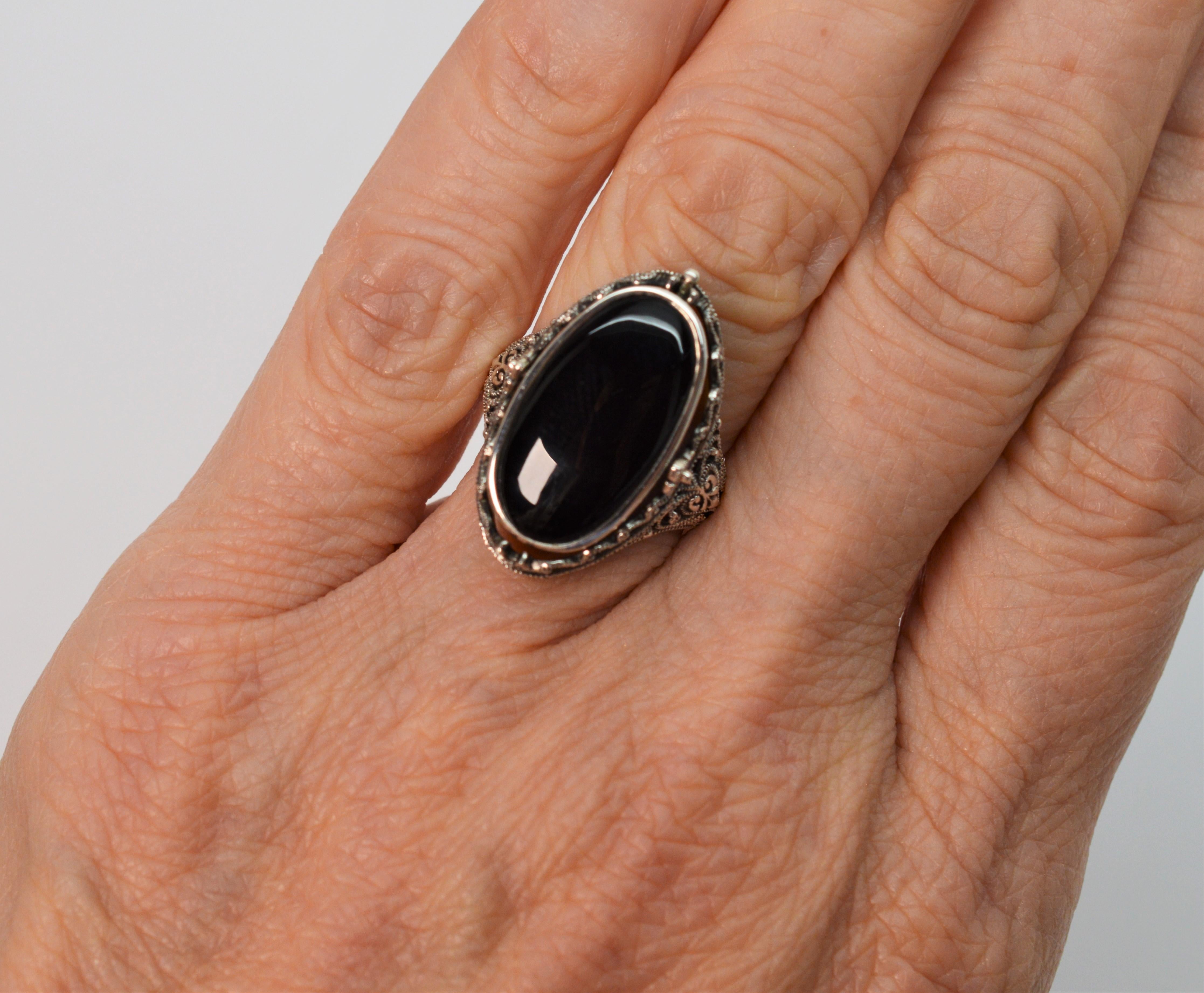 Victorian Style Lapis Diamond Black Onyx Sterling Silver Flip Ring 8
