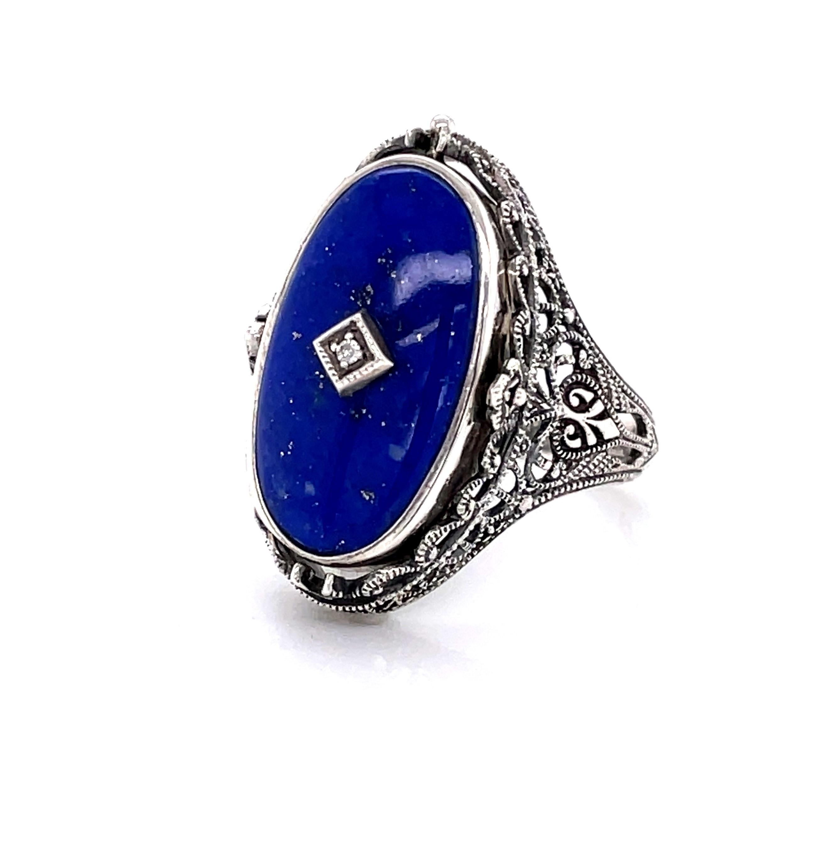 Victorian Style Lapis Diamond Black Onyx Sterling Silver Flip Ring In Excellent Condition In Mount Kisco, NY
