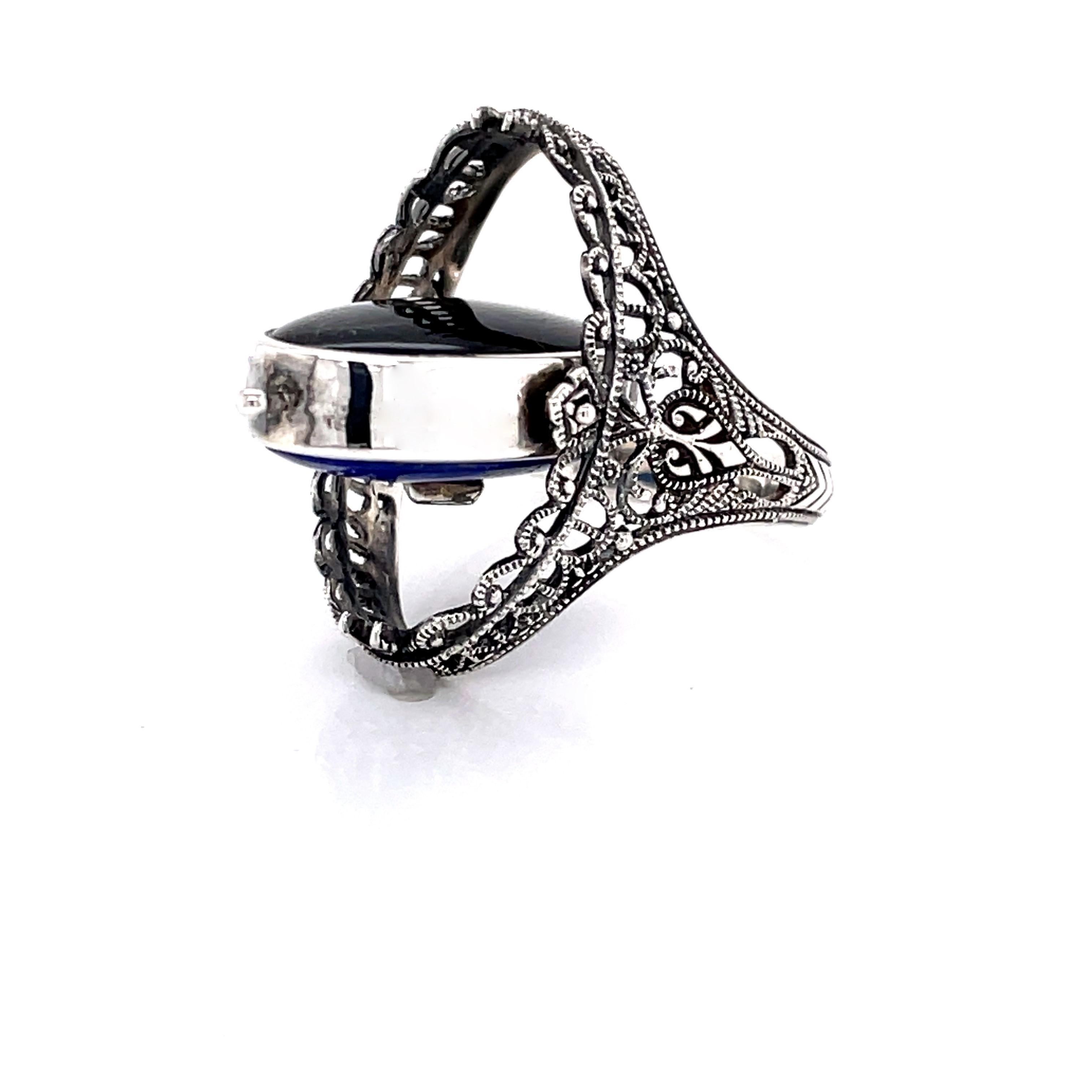 Victorian Style Lapis Diamond Black Onyx Sterling Silver Flip Ring 3