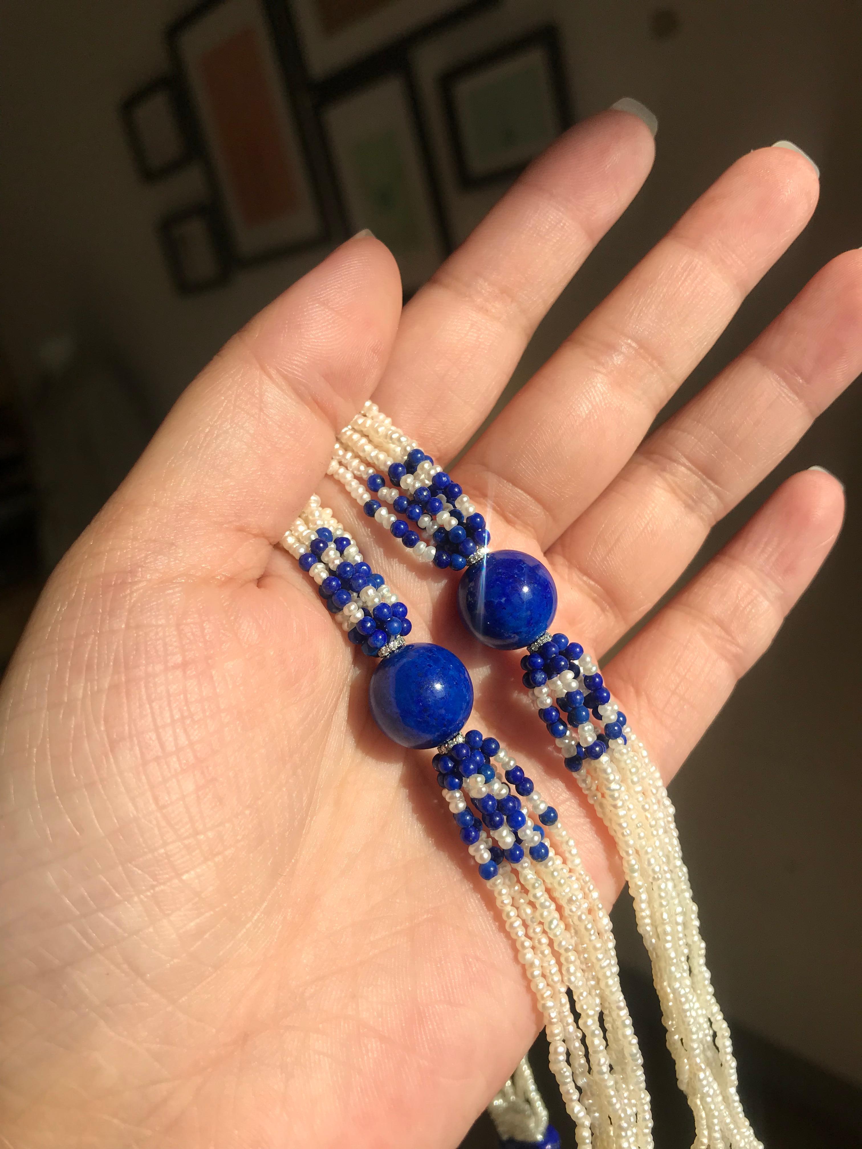 Lapis Lazuli, Pearl and Diamond 18 Karat Gold Necklace 5