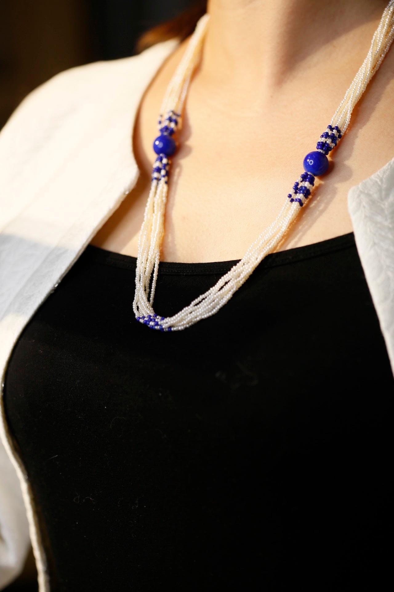 Victorian Lapis Lazuli, Pearl and Diamond 18 Karat Gold Necklace