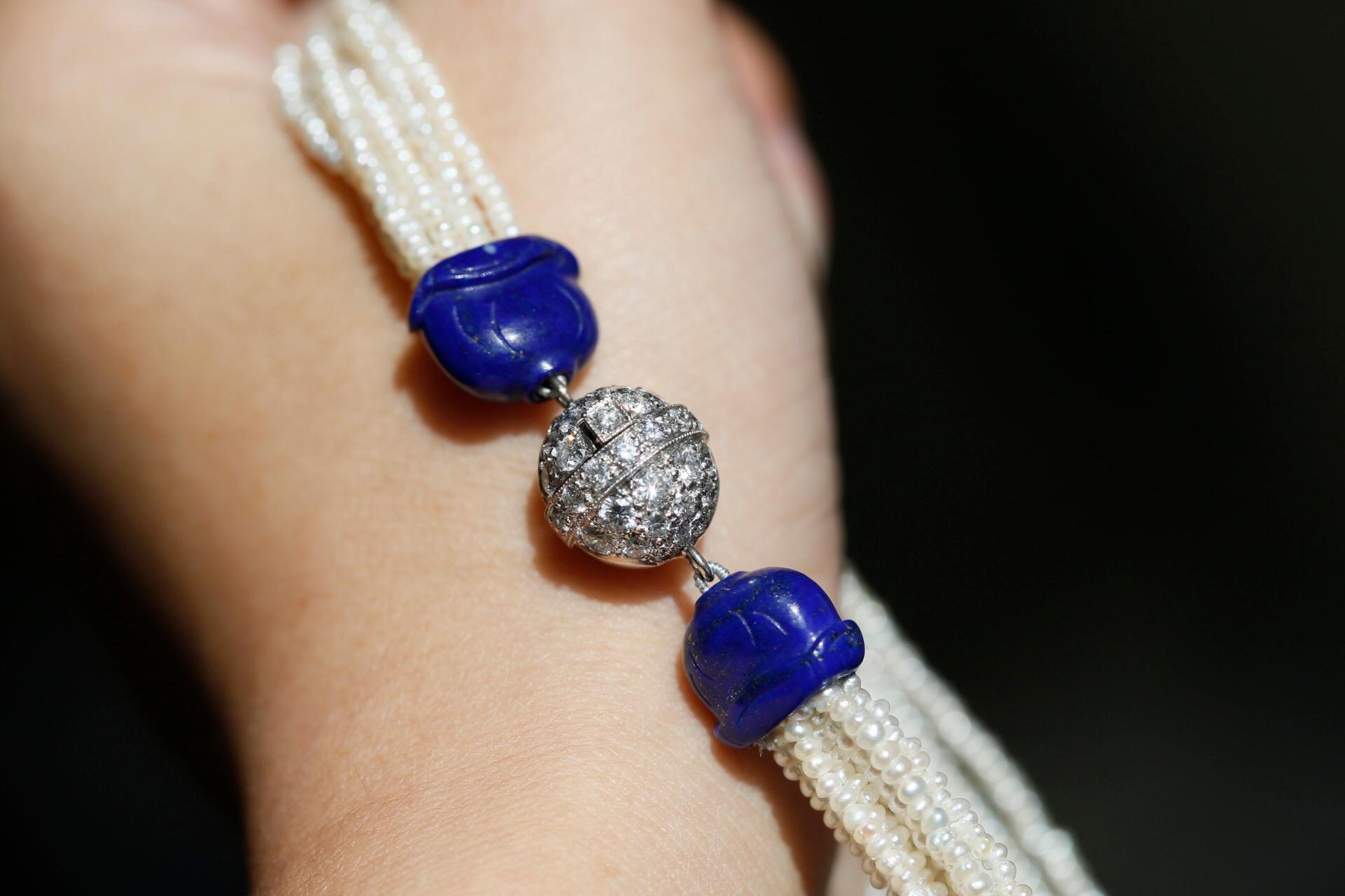 Lapis Lazuli, Pearl and Diamond 18 Karat Gold Necklace In New Condition In Banbury, GB