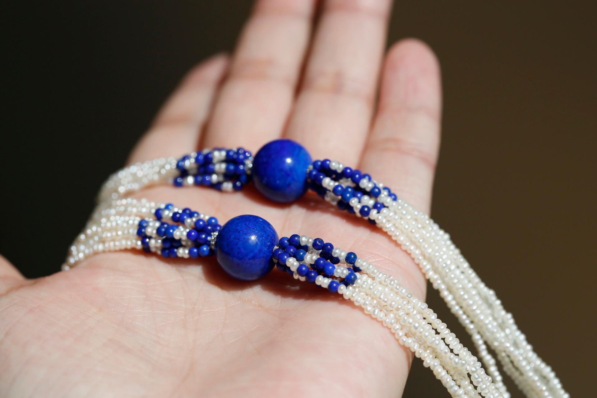 Women's Lapis Lazuli, Pearl and Diamond 18 Karat Gold Necklace