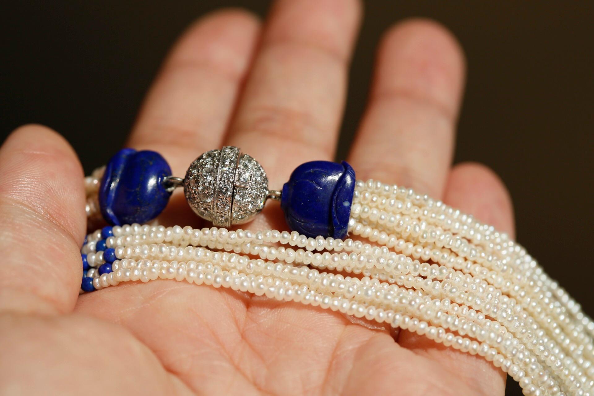 Lapis Lazuli, Pearl and Diamond 18 Karat Gold Necklace 1