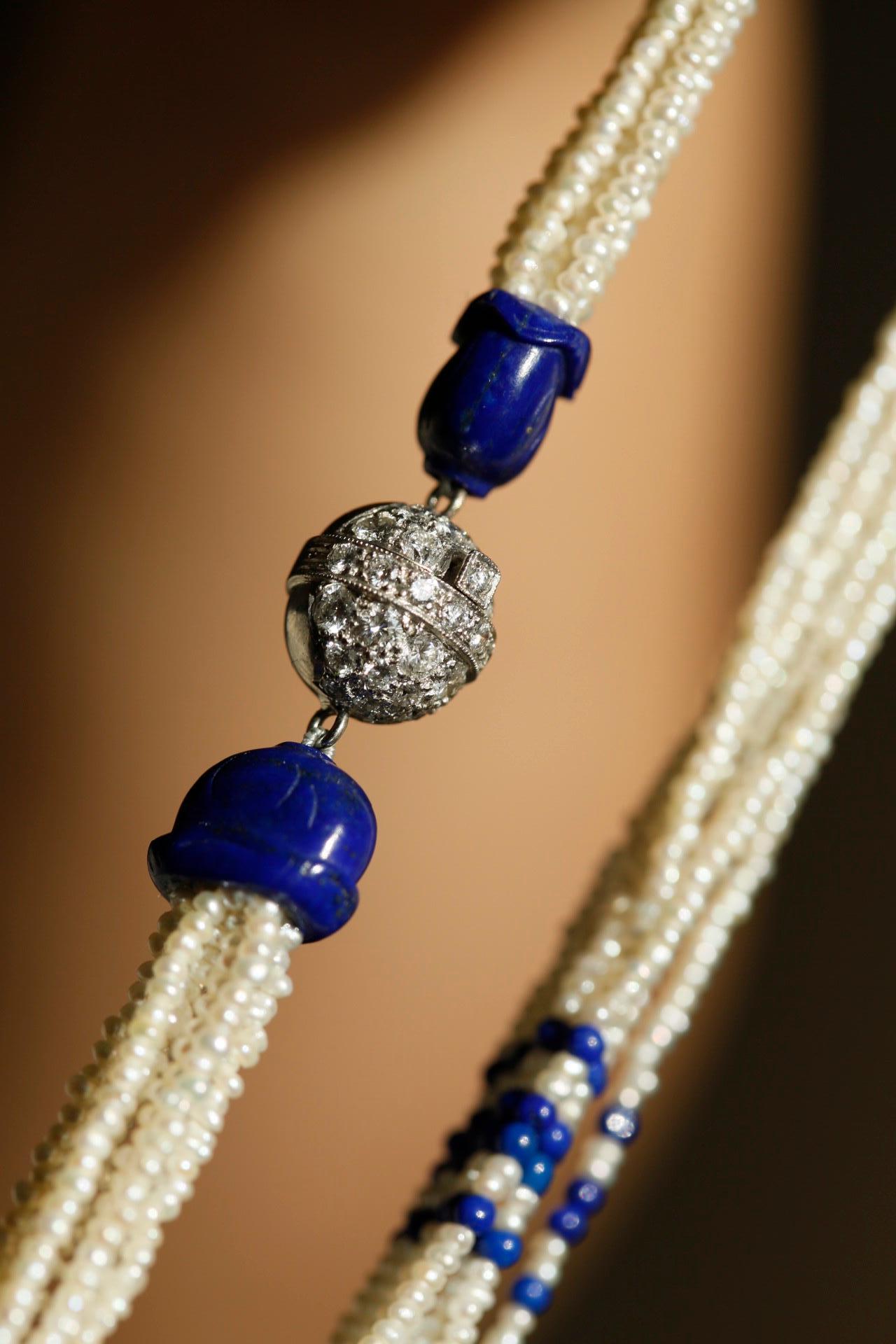 Lapis Lazuli, Pearl and Diamond 18 Karat Gold Necklace 2