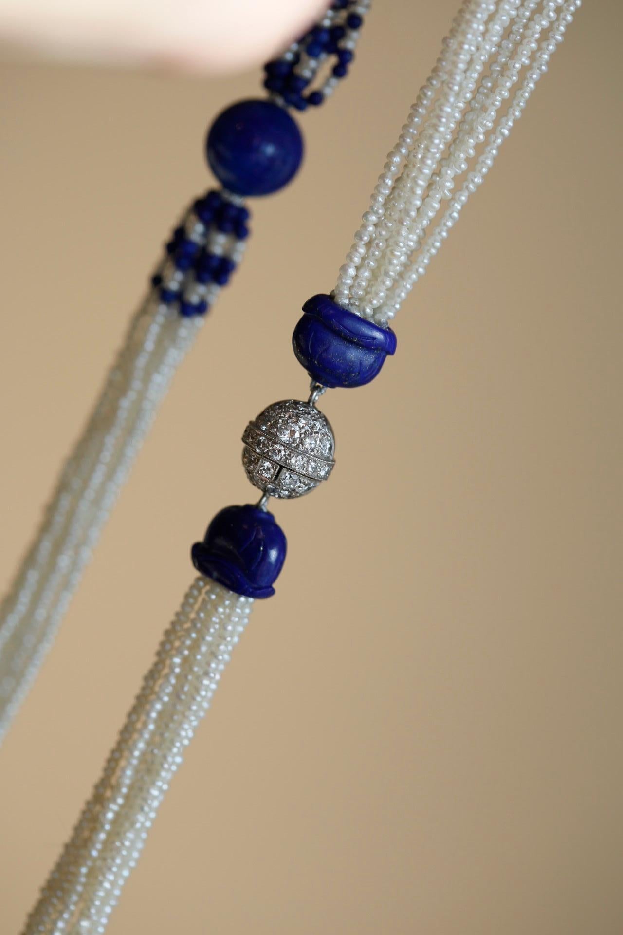 Lapis Lazuli, Pearl and Diamond 18 Karat Gold Necklace 3