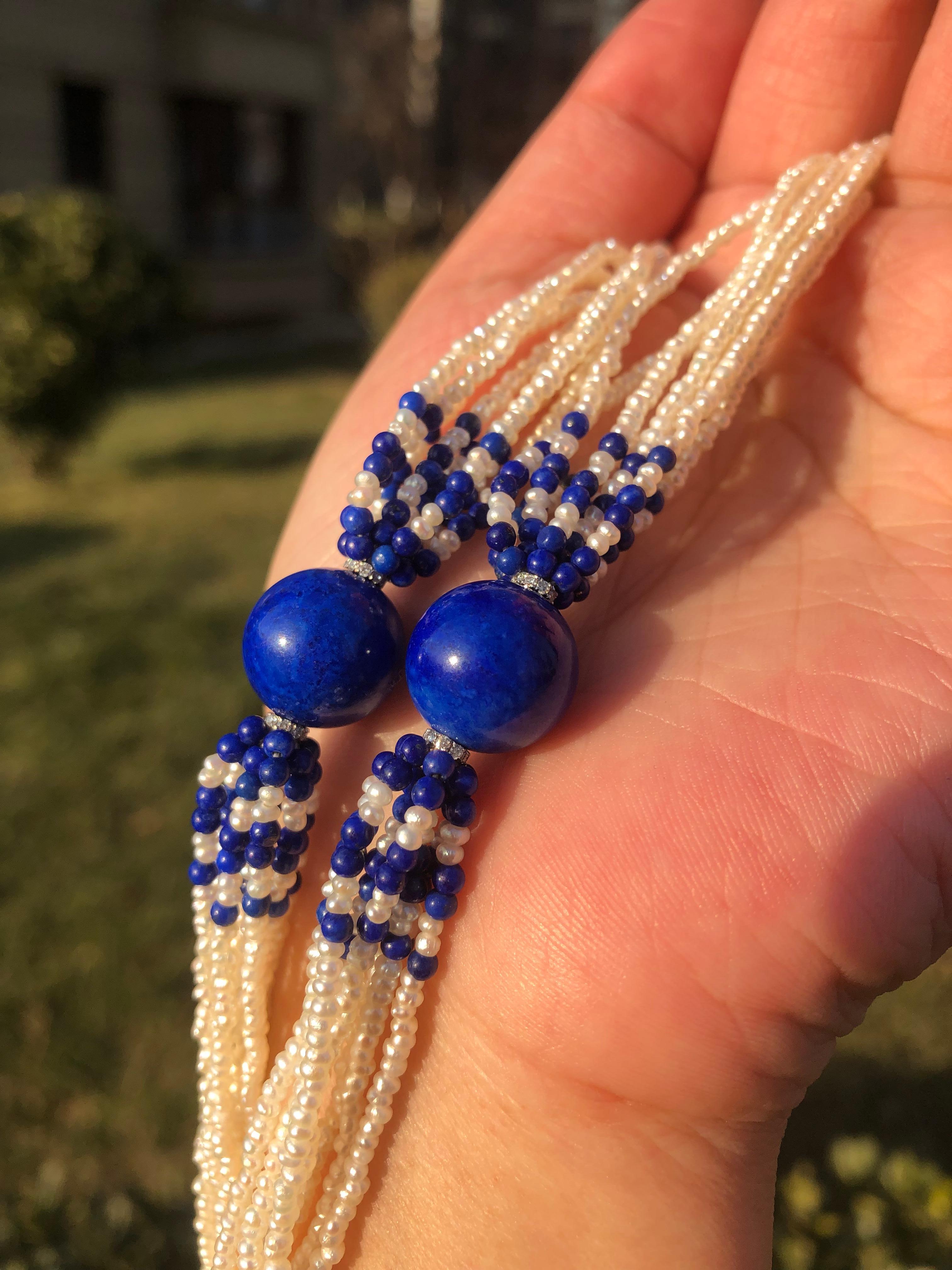 Lapis Lazuli, Pearl and Diamond 18 Karat Gold Necklace 4