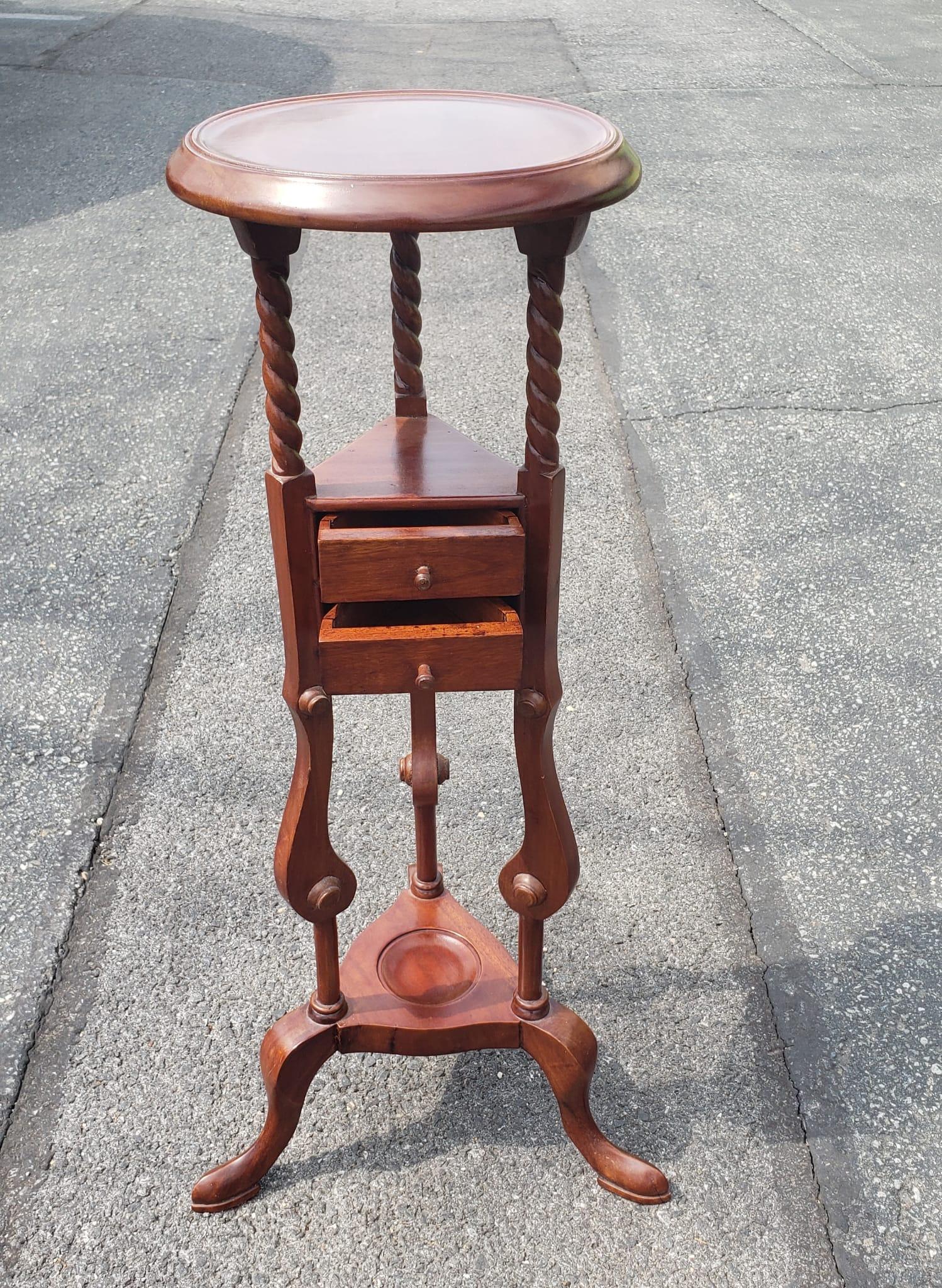 Carved Victorian Style Mahogany Two-Drawer Barley Twist Plant Stand For Sale