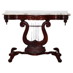 Victorian Style Marble Top Mahogany Table w/ Harp Design