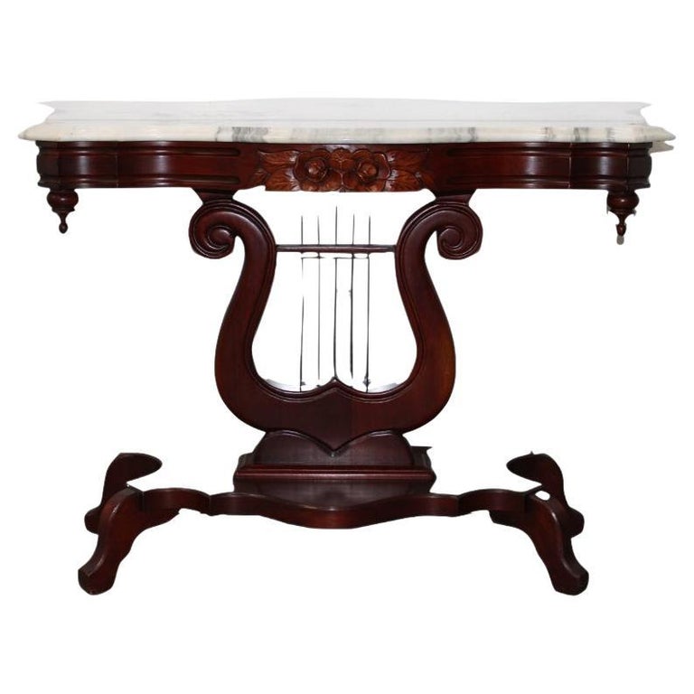 Victorian Style Marble Top Mahogany Table w/ Harp Design at 1stDibs