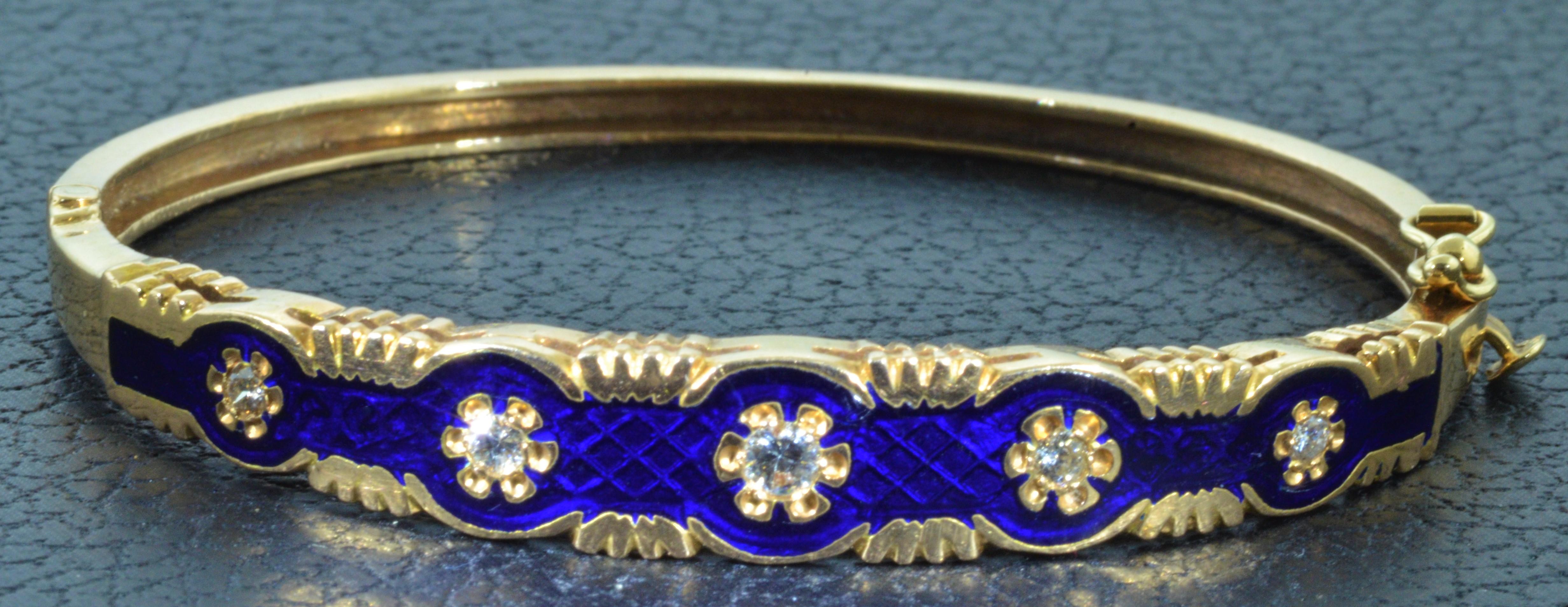 Old Mine Cut Victorian Style Midnight Blue Enamel and Diamond Bangle Bracelet For Sale