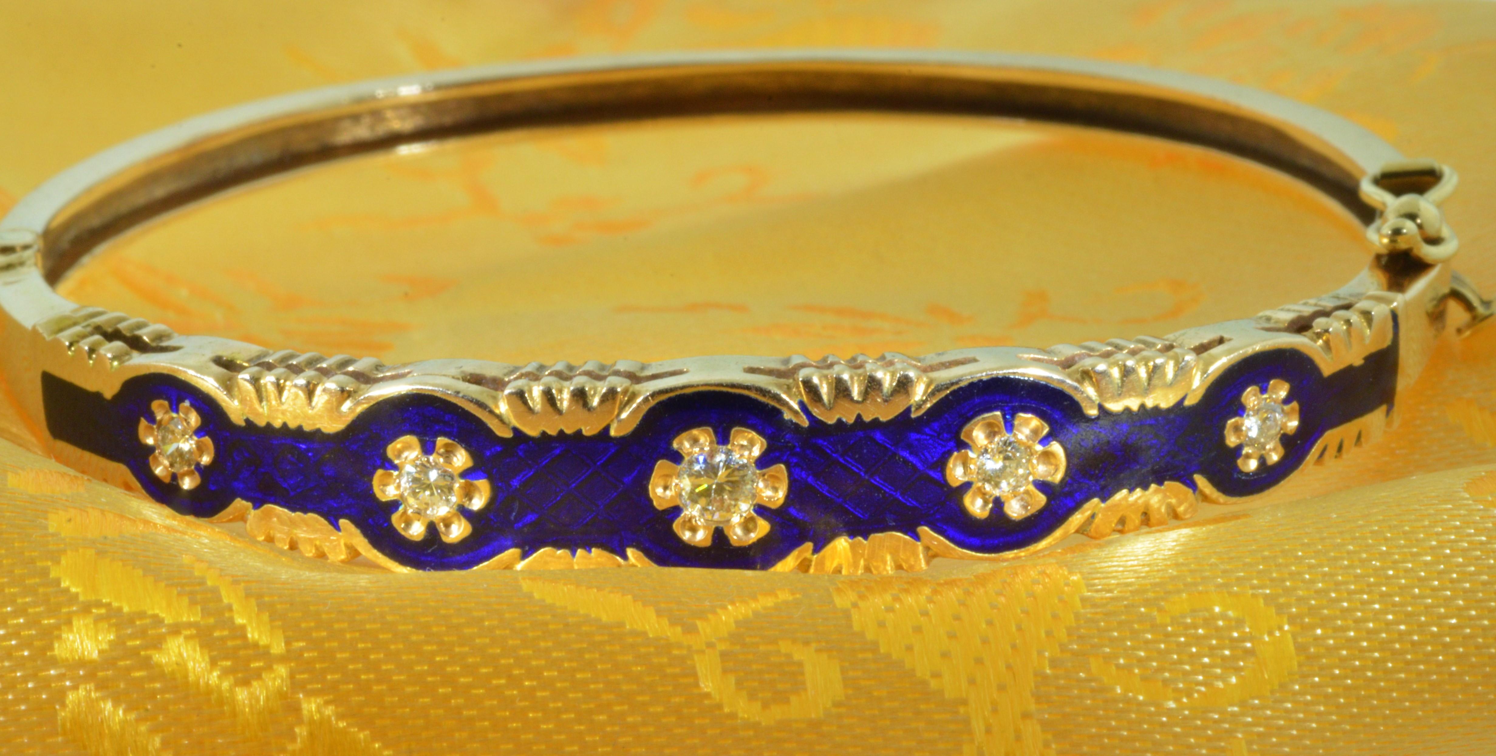 Victorian Style Midnight Blue Enamel and Diamond Bangle Bracelet In Good Condition For Sale In Warrington, PA