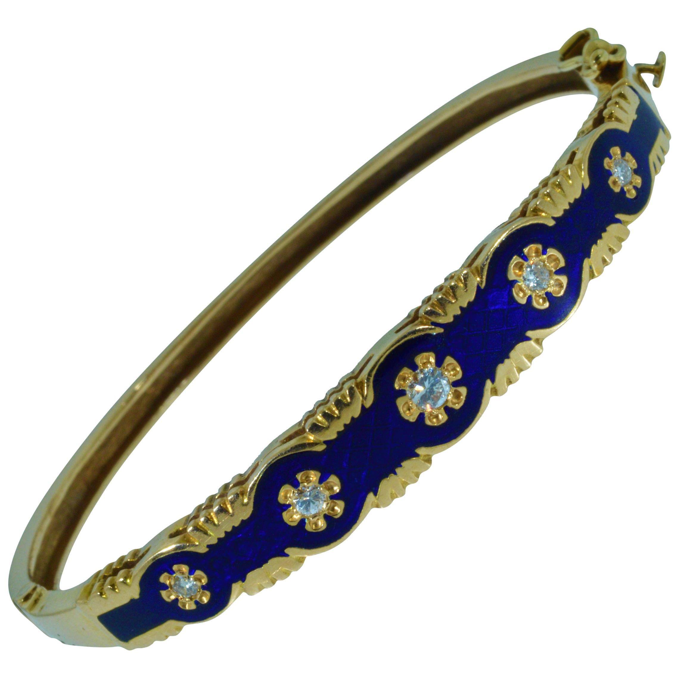 Victorian Style Midnight Blue Enamel and Diamond Bangle Bracelet For Sale