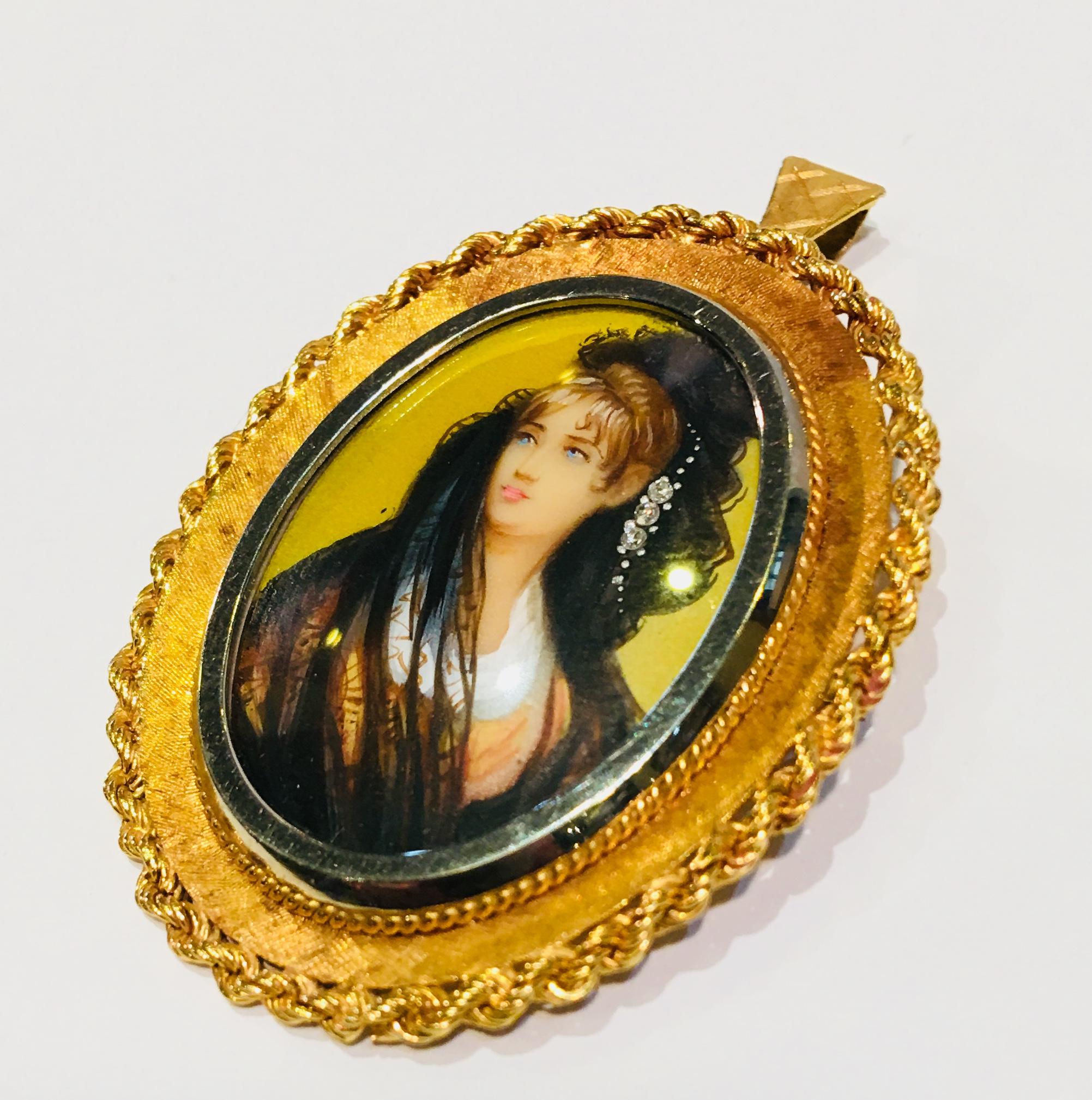 Victorian Style Miniature Portrait Painting 18K Two Tone Gold Pendant Brooch  In Good Condition For Sale In Tustin, CA