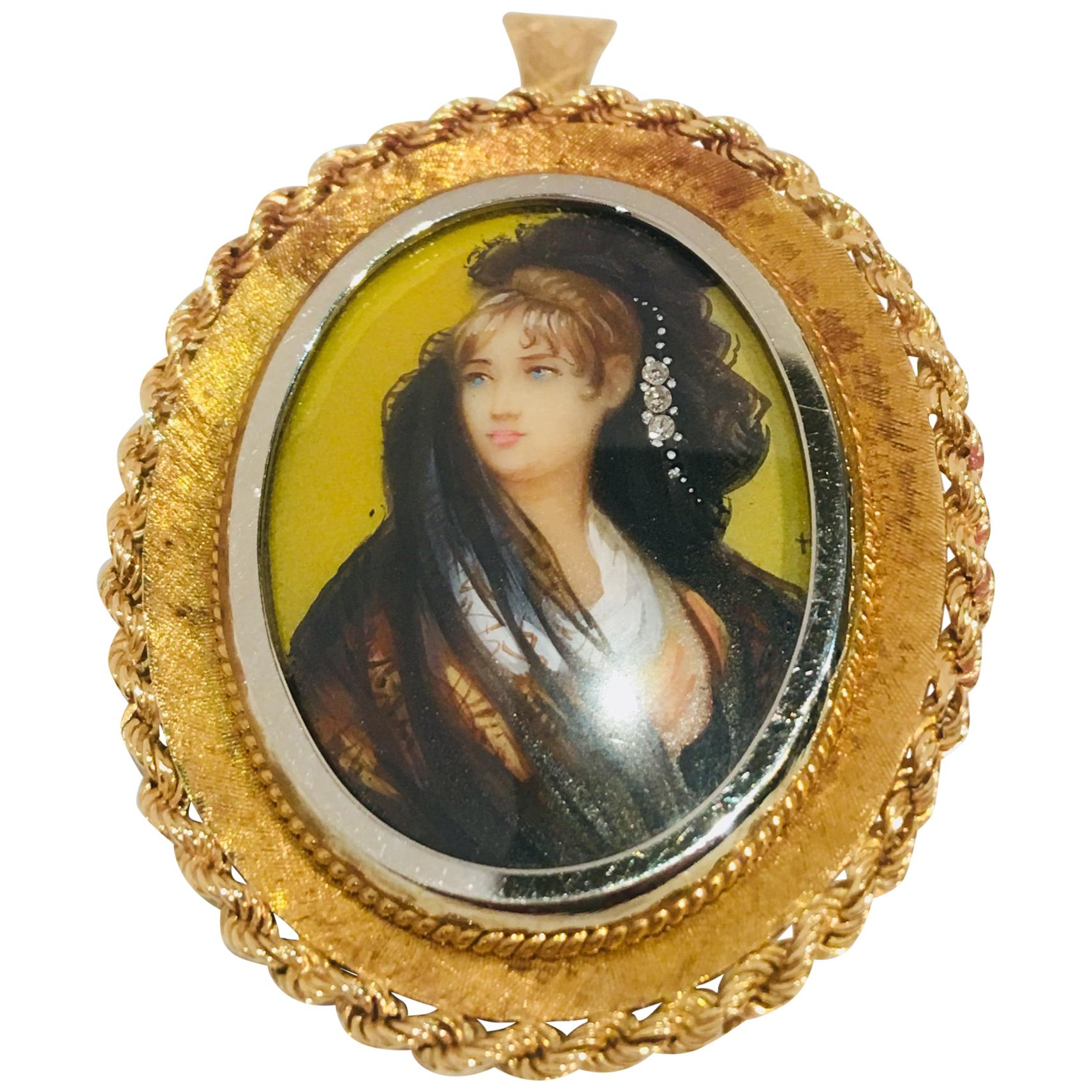 Victorian Style Miniature Portrait Painting 18K Two Tone Gold Pendant Brooch 