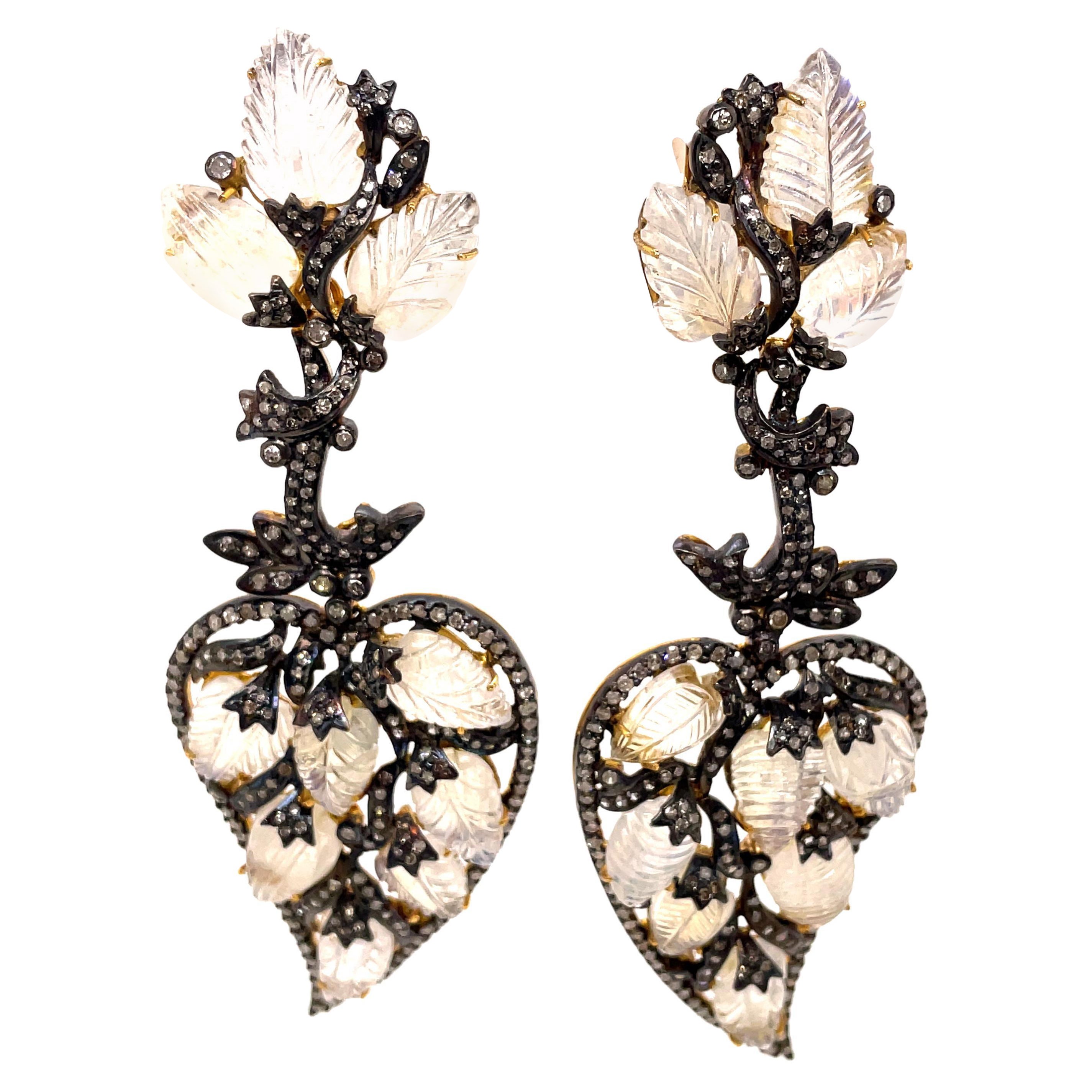 Pendientes Araña de Piedra Lunar y Diamantes Estilo Victoriano