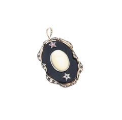 Victorian Style Moonstone Onyx Diamond Ruby Sapphire 14K Gold Silver 800 Pendant