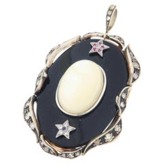 Victorian Style Moonstone Onyx Diamond Ruby Sapphire 14K Gold Silver 800 Pendant