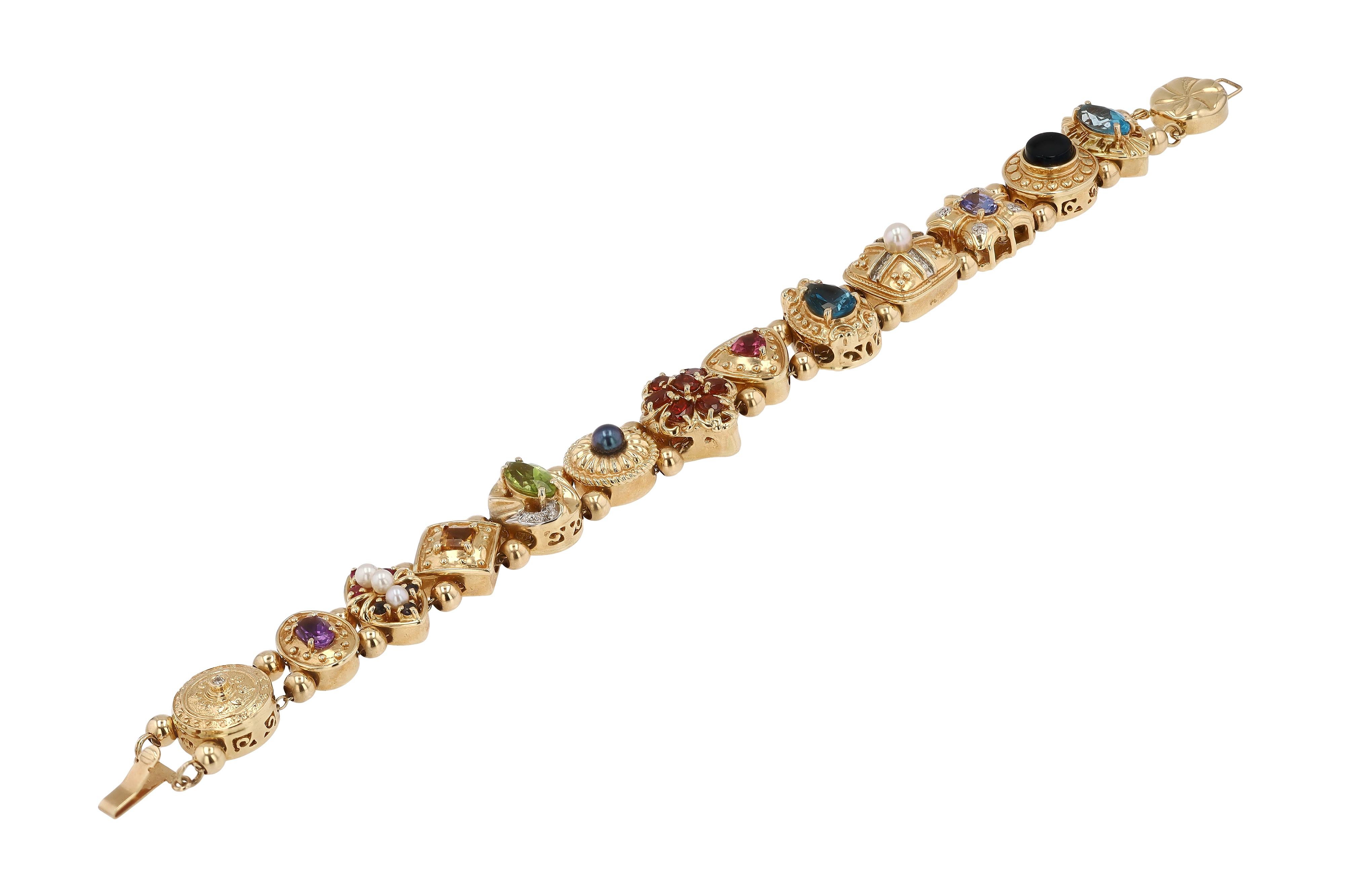 Round Cut Victorian Style Multi-Gemstone Gold Slide Bracelet