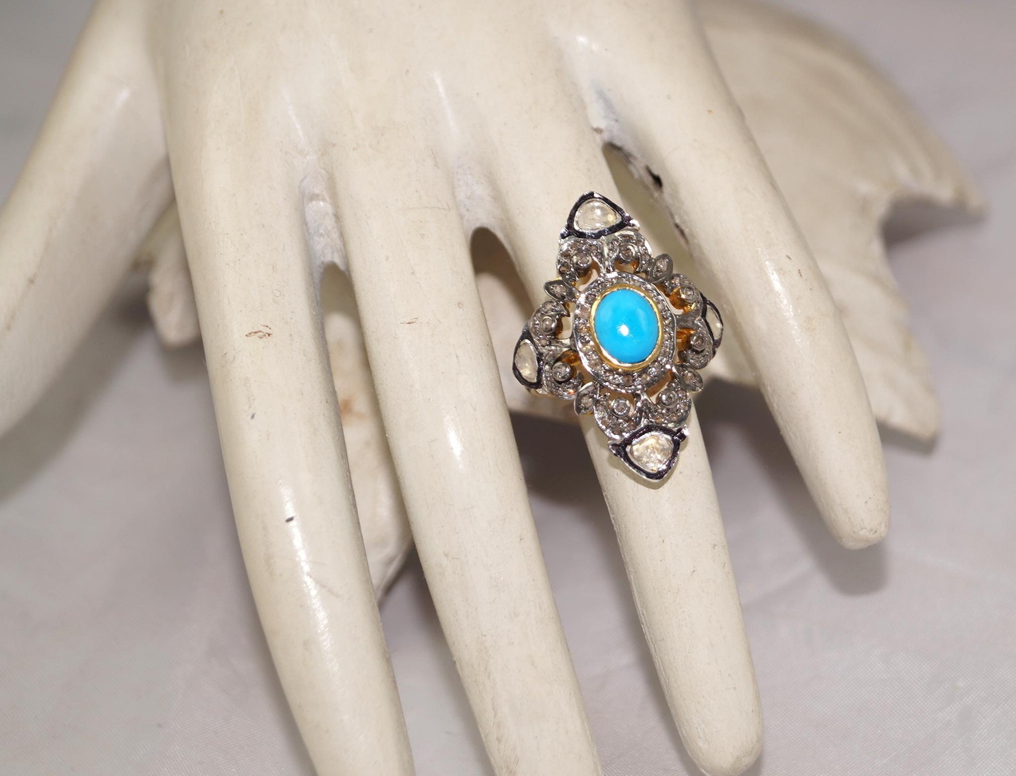 Artigiano Anello in stile vittoriano con diamanti naturali taglio rosa non tagliati e turchese in argento sterling in vendita