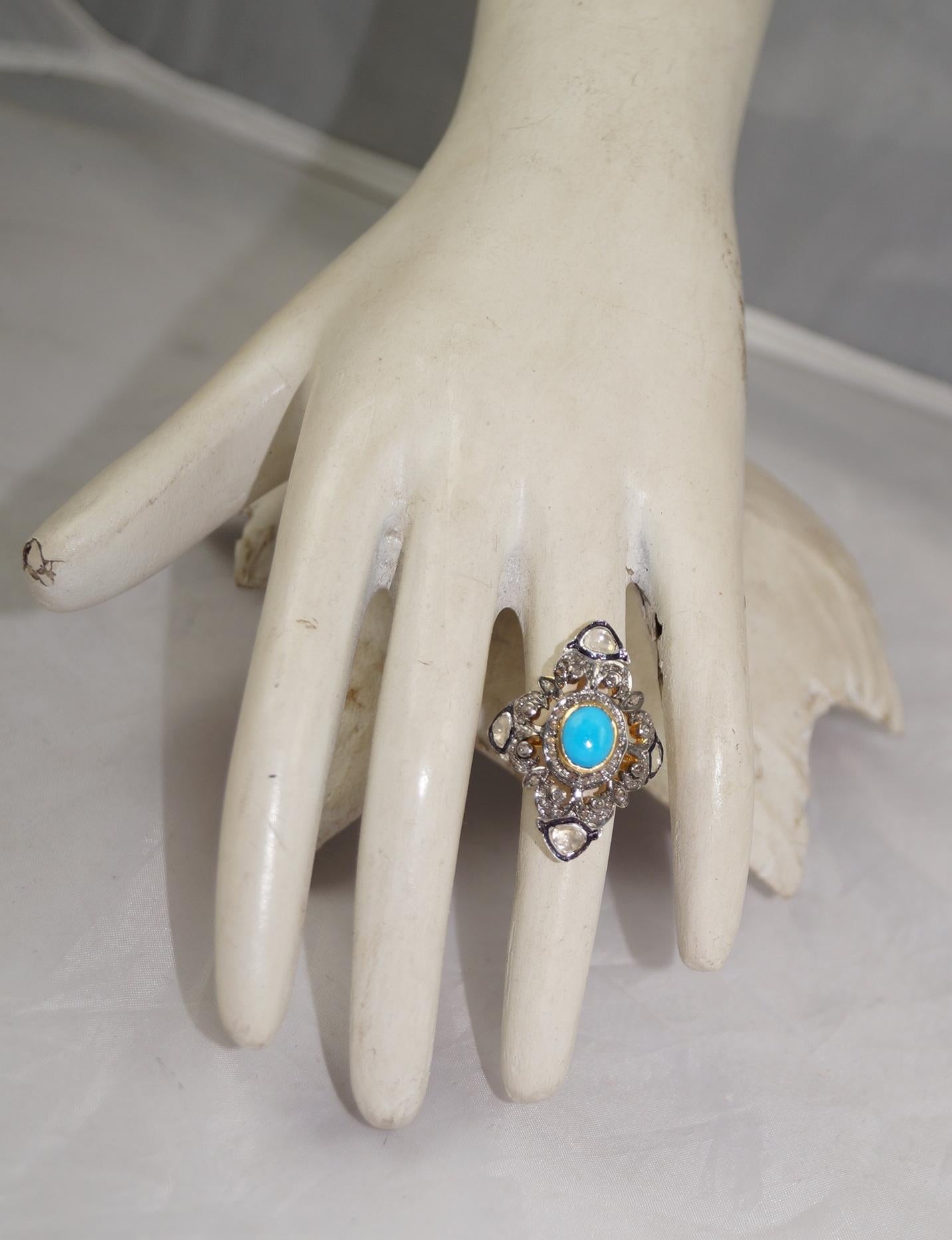Taglio a rosa Anello in stile vittoriano con diamanti naturali taglio rosa non tagliati e turchese in argento sterling in vendita