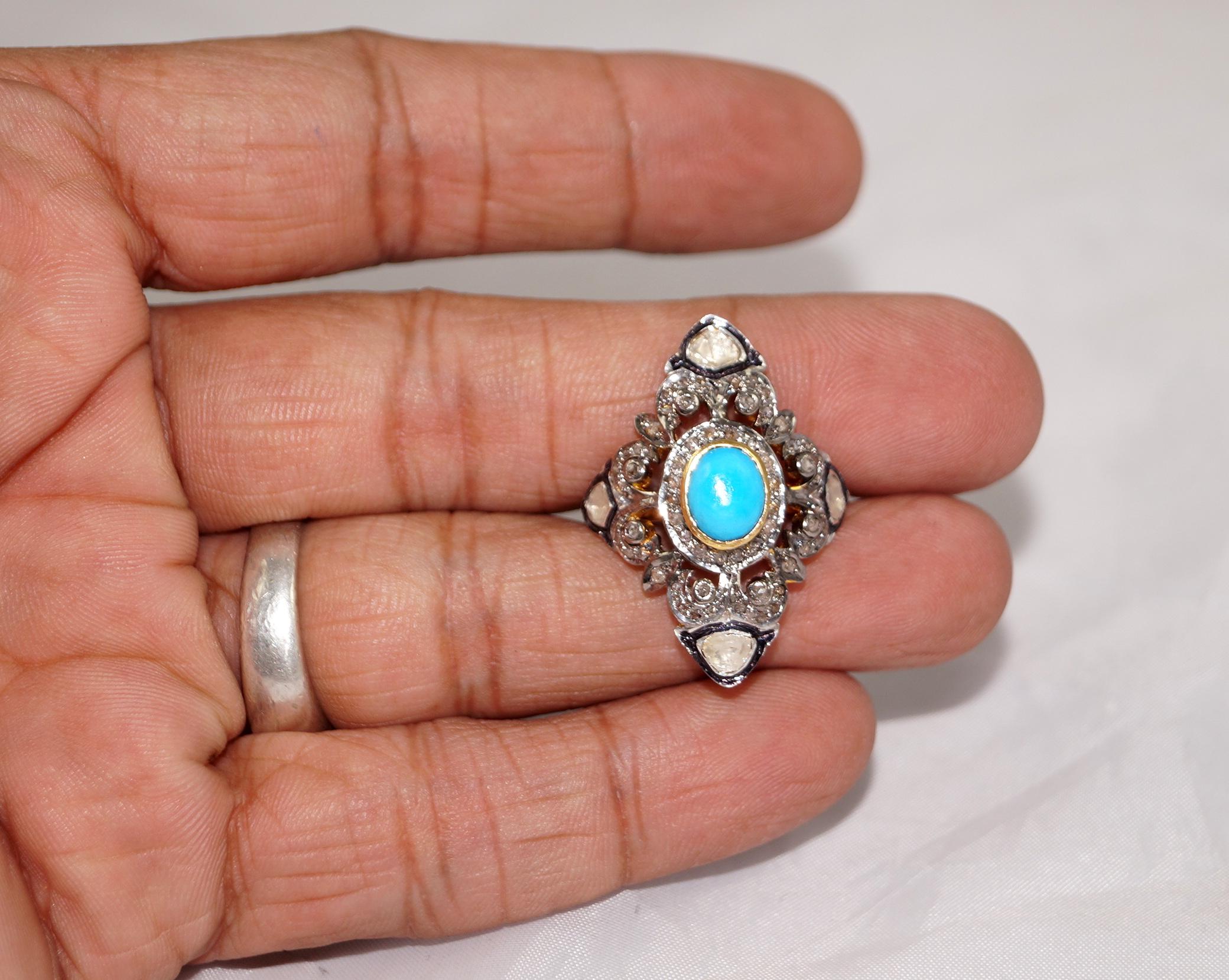 Anello in stile vittoriano con diamanti naturali taglio rosa non tagliati e turchese in argento sterling in vendita 1