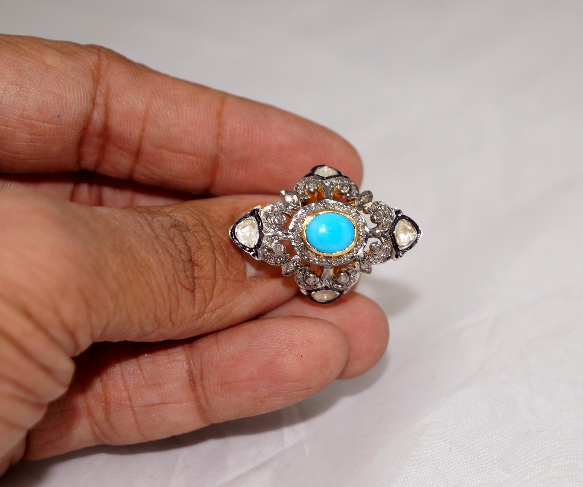 Anello in stile vittoriano con diamanti naturali taglio rosa non tagliati e turchese in argento sterling in vendita 2
