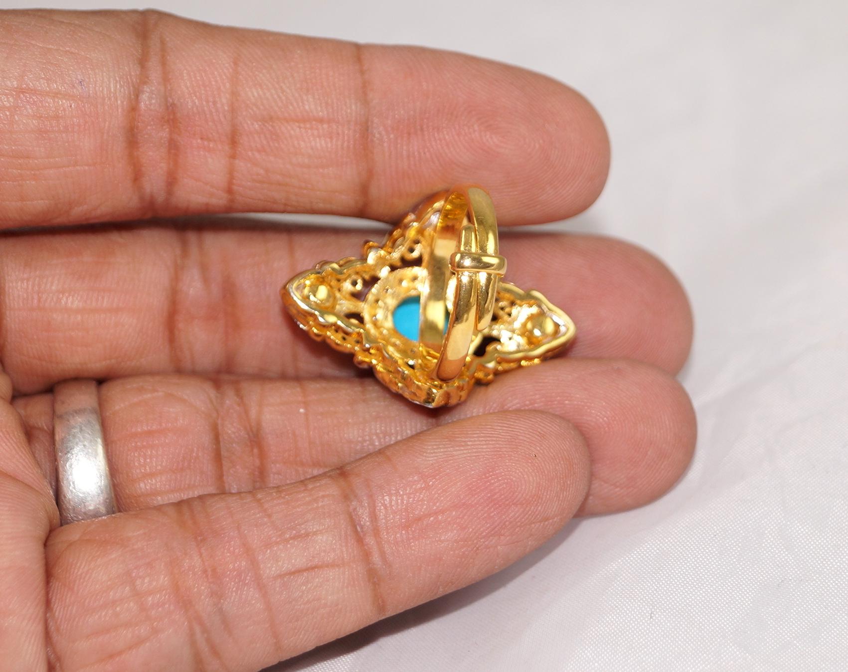 Anello in stile vittoriano con diamanti naturali taglio rosa non tagliati e turchese in argento sterling in vendita 3