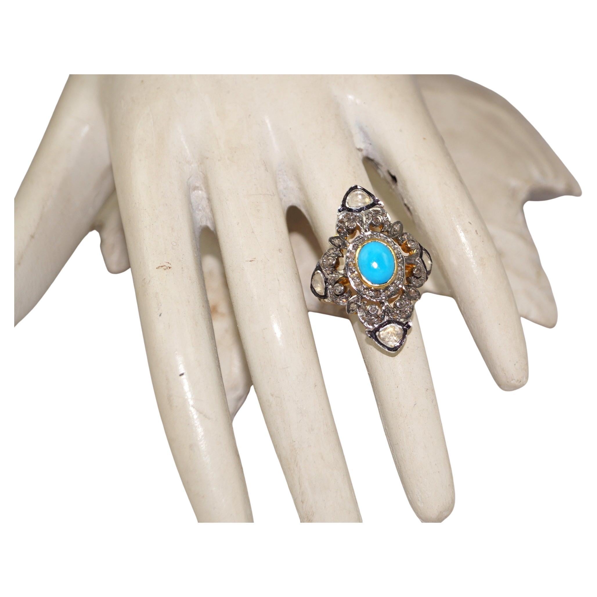 Anello in stile vittoriano con diamanti naturali taglio rosa non tagliati e turchese in argento sterling in vendita