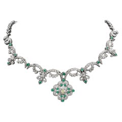 Victorian Style Necklace 18 Karat White Gold Diamonds and Emerald