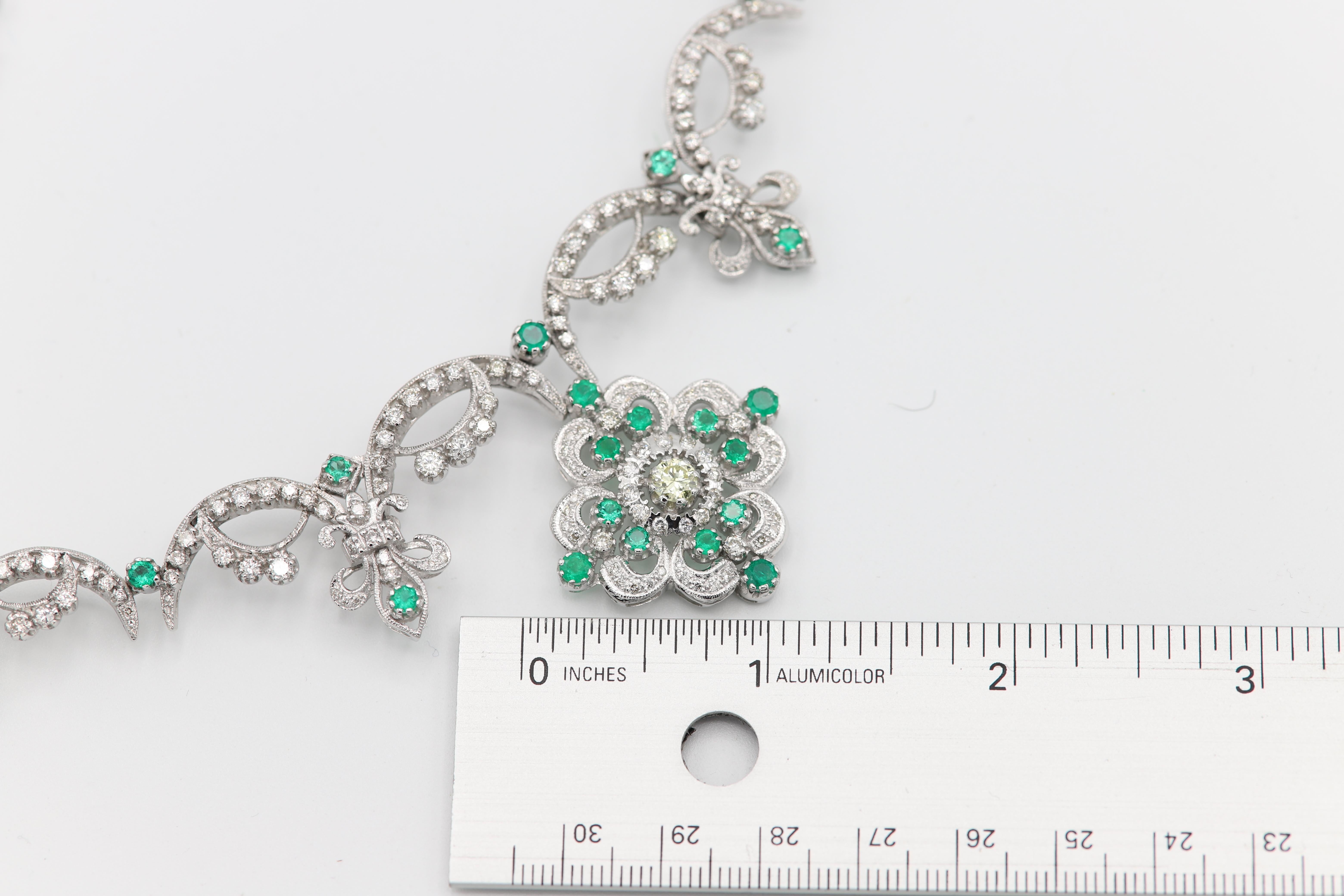 Victorian Style Necklace 18 Karat White Gold Diamonds and Emerald For Sale 2