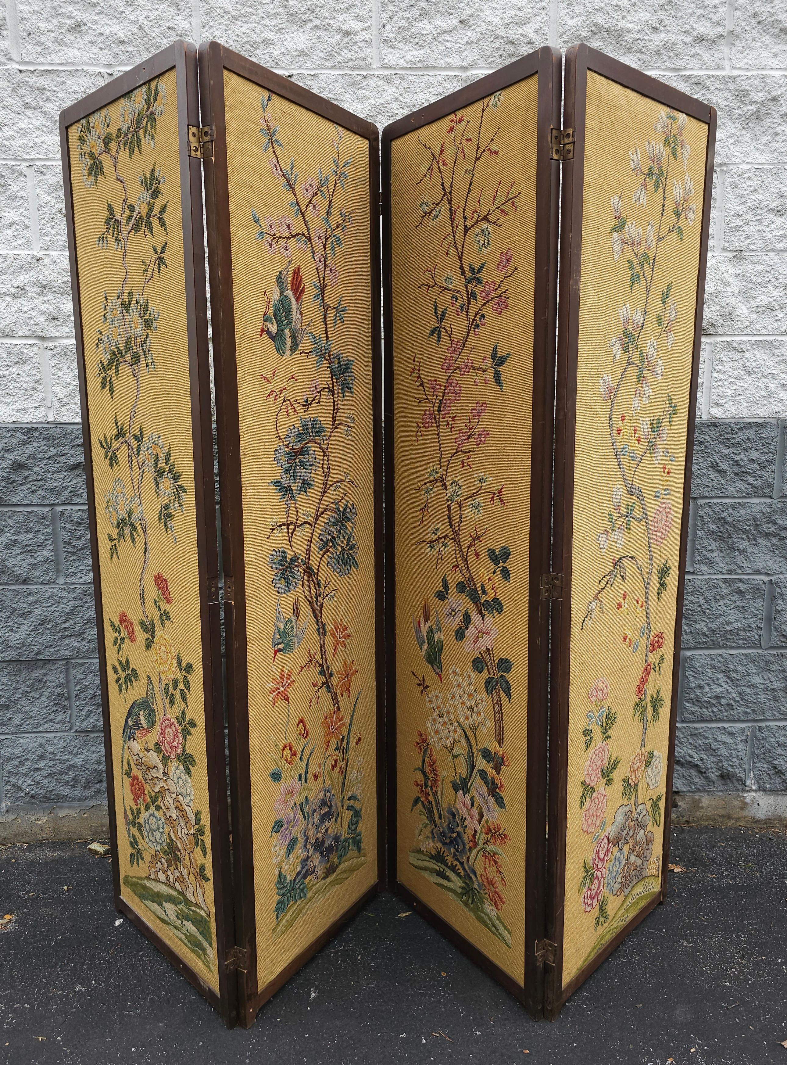 A Victorian Style Needlepoint Flowers & Trees Tapestry Upholstered Four Panel Screen. Measures 78