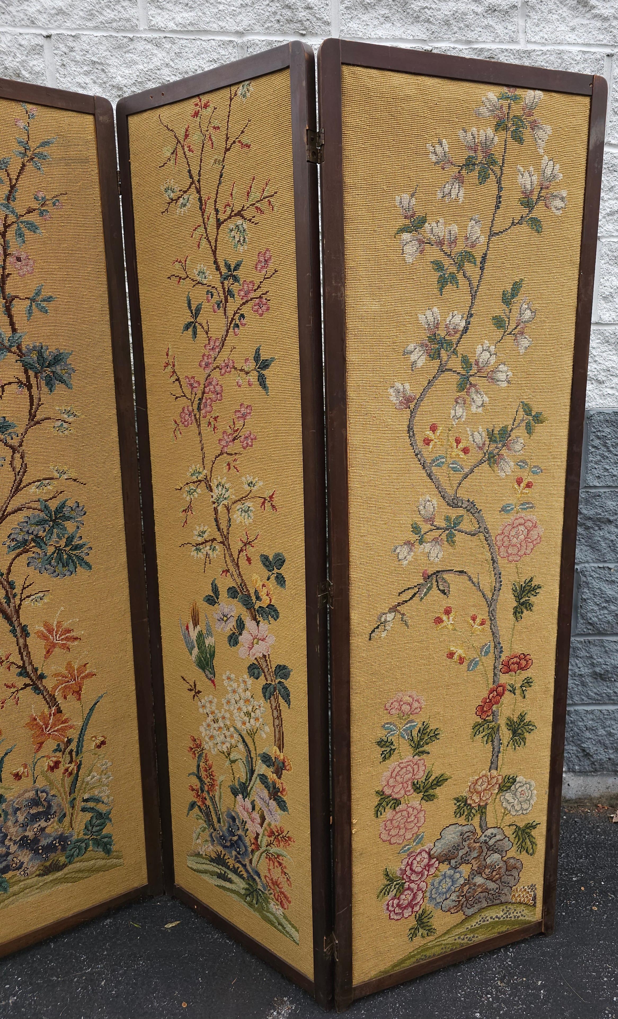 20th Century Victorian Style Needlepoint Flower & Tree Tapestry Upholstered Four Panel Screen For Sale
