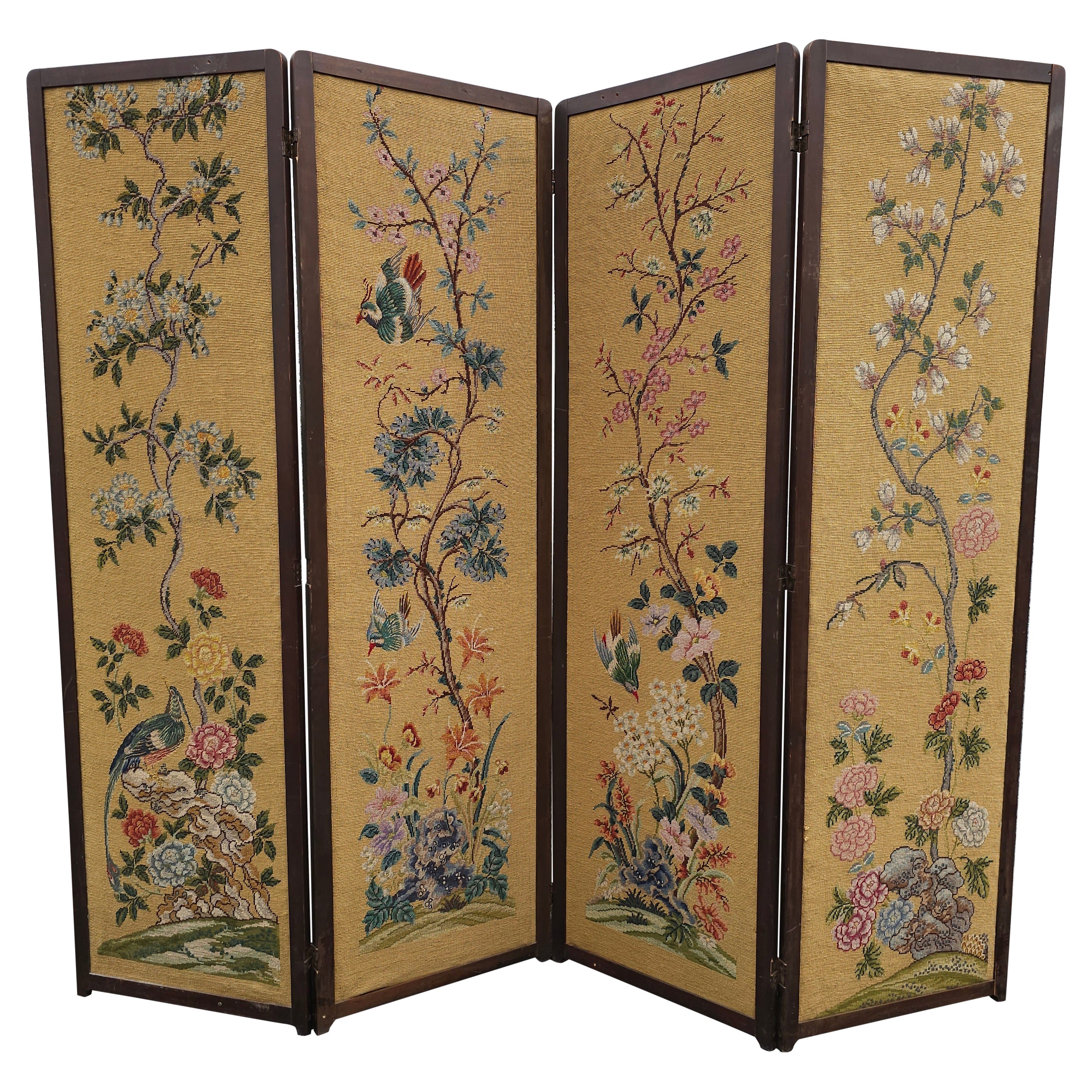 Victorian Style Needlepoint Flower & Tree Tapestry Upholstered Four Panel Screen