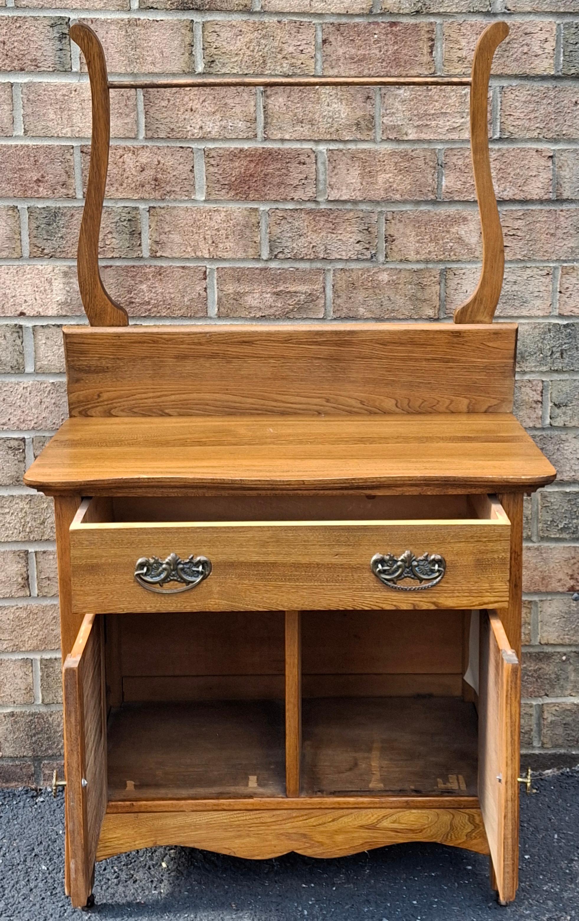 20th Century Victorian Style Oak Washstand Cabinet with Towel Rack For Sale