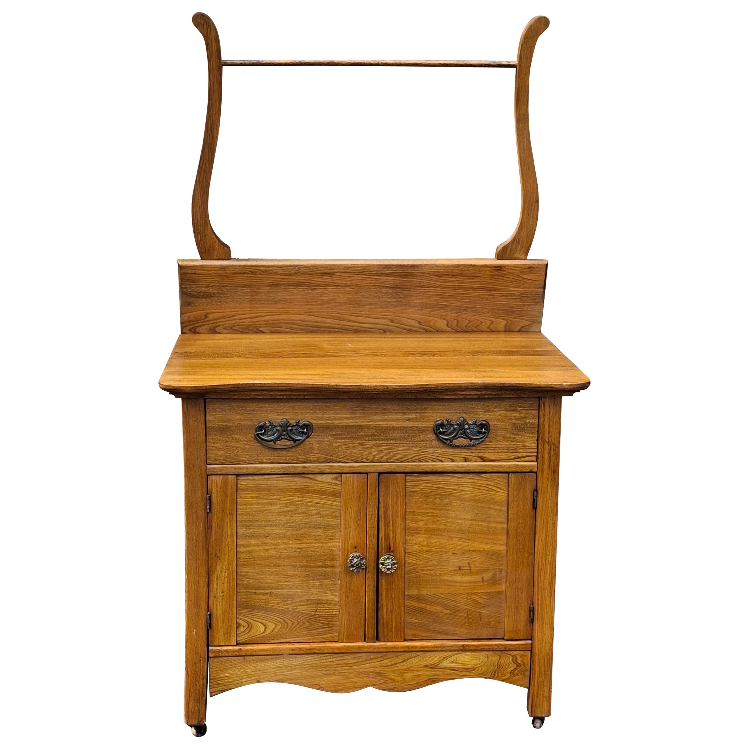 Victorian Style Oak Washstand Cabinet with Towel Rack For Sale