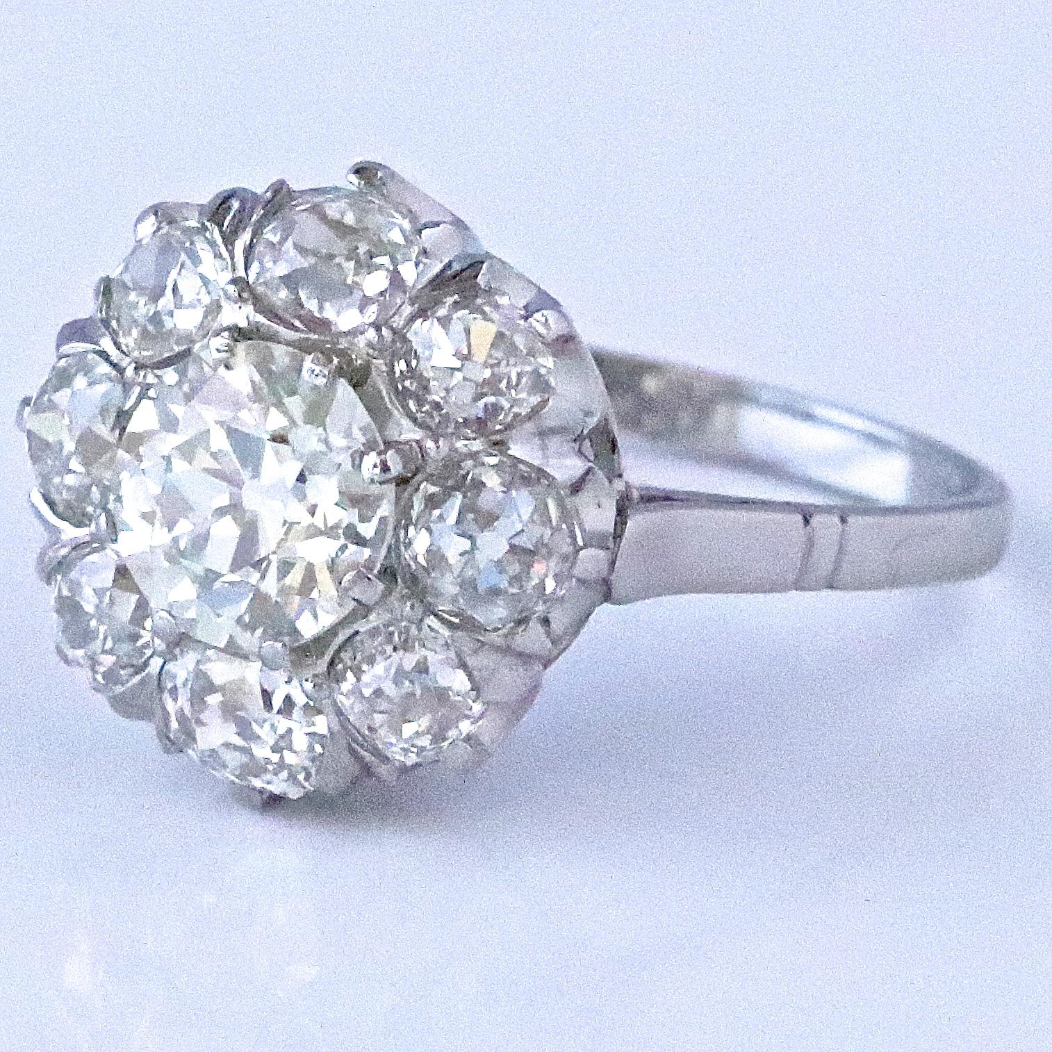 The sparkle and coverage of this Victorian Style Diamond Platinum Cluster Ring is just mind-blowing! The beauty of a cluster ring is that you get a lot of diamonds and sparkle for a reasonable price. Resembling a flower motif, this cluster ring will