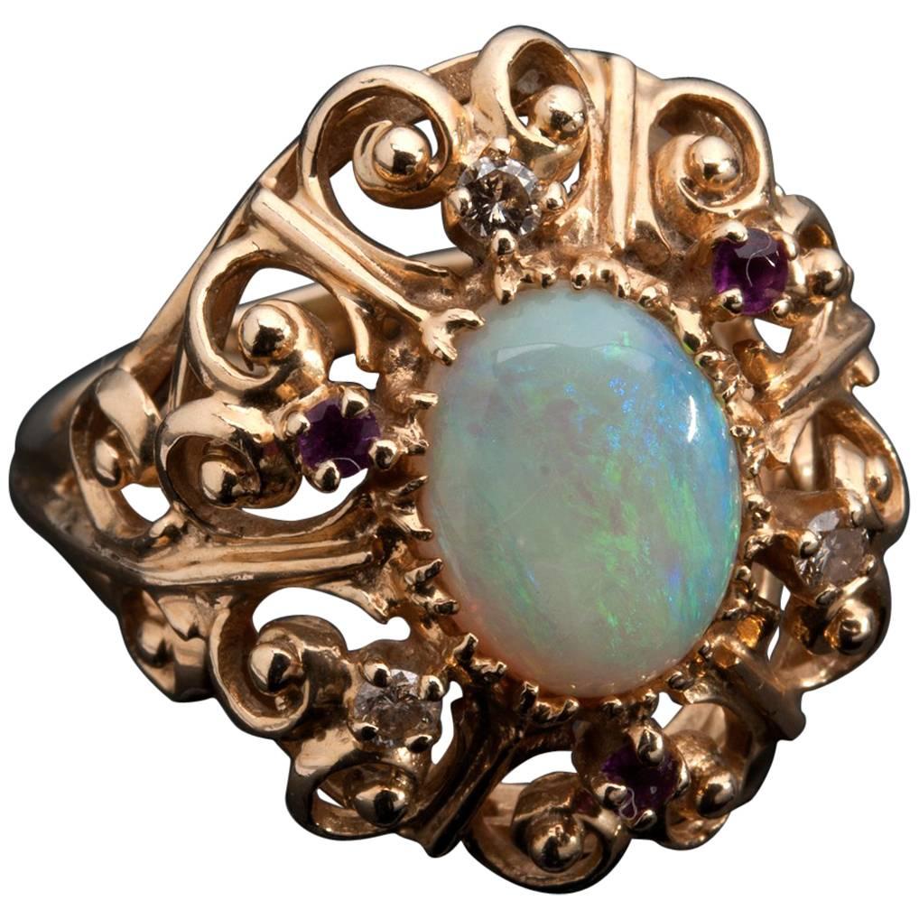 Victorian Style Opal Diamond and Ruby Gold Ring, USA, Mid-20th Century For Sale