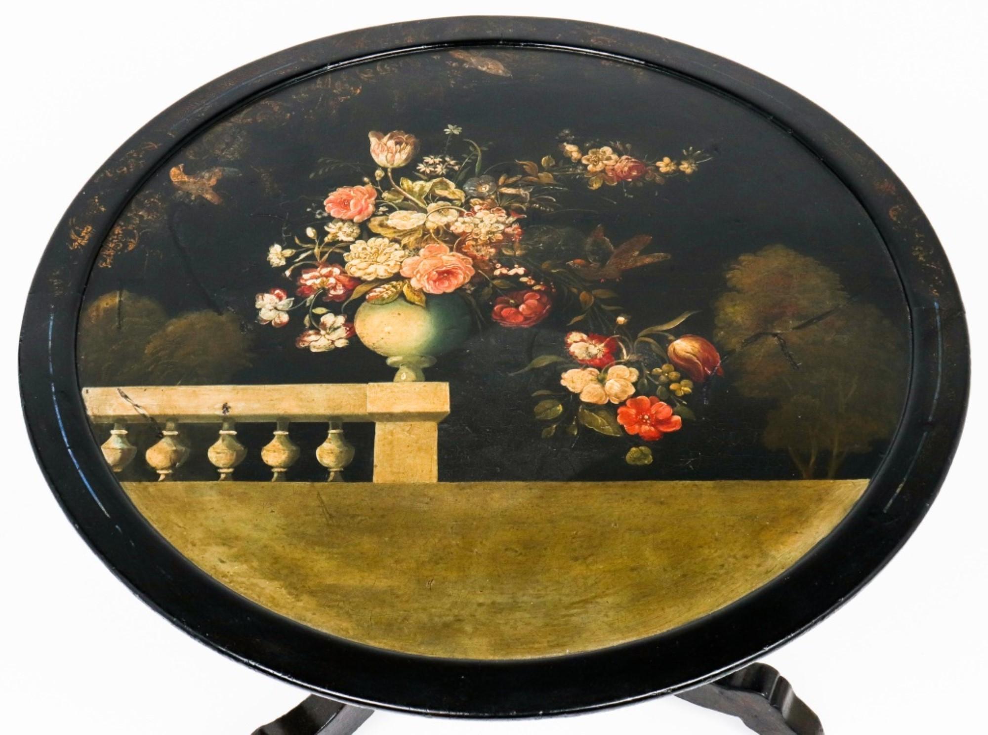 Victorian Style Painted Round Occasional Table. Features: Polychrome painted top with a floral garden scene, gilt accents, turned tripod base. Condition: Surface scratches with restoration.

Dealer: S138XX