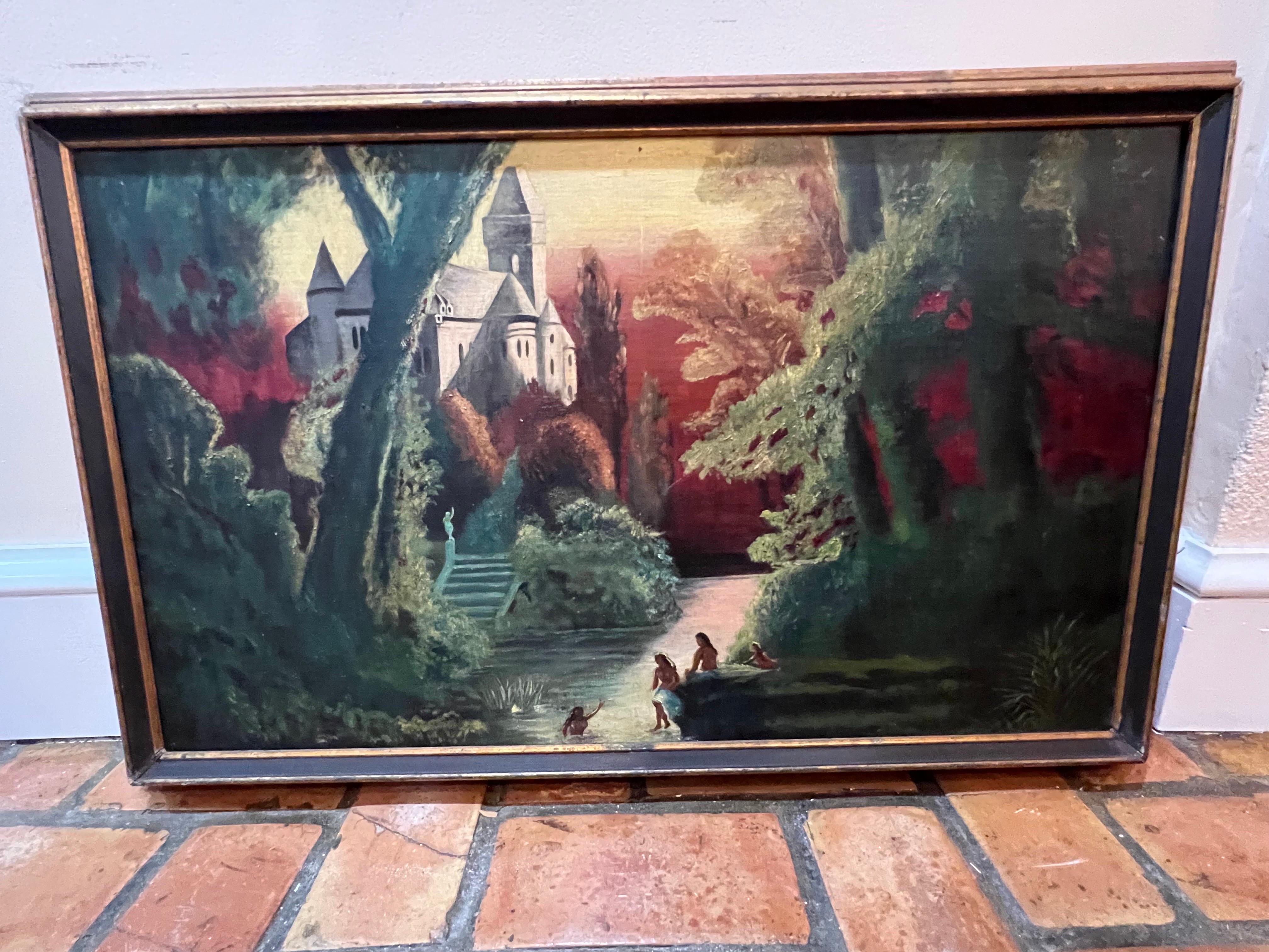 Paul Gaugin Style Painting of a Castle In Good Condition For Sale In Redding, CT