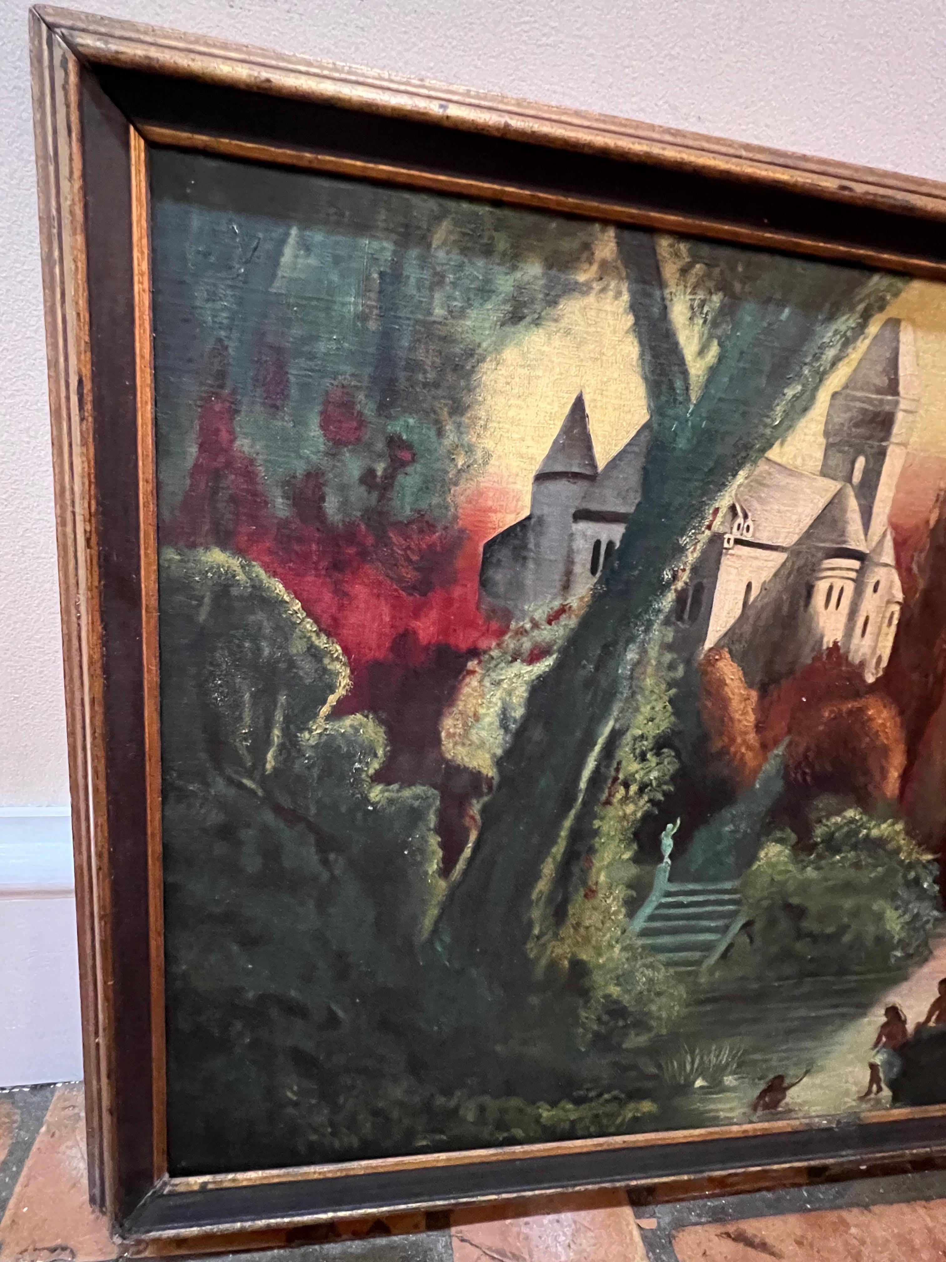 Wood Paul Gaugin Style Painting of a Castle For Sale