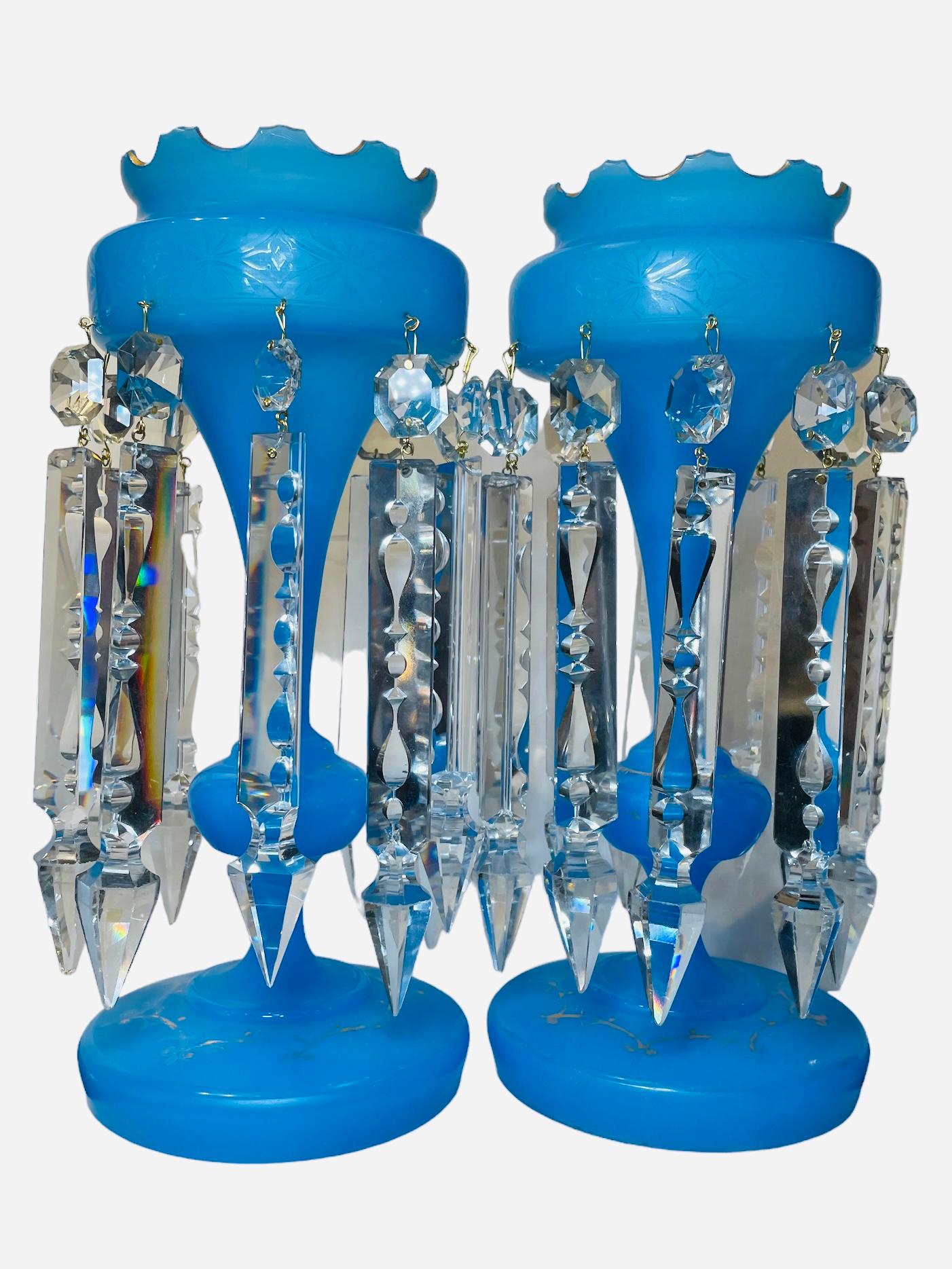 Pareja De Lustres De Vidrio Azul Para Chimenea De Estilo Victoriano en venta 7