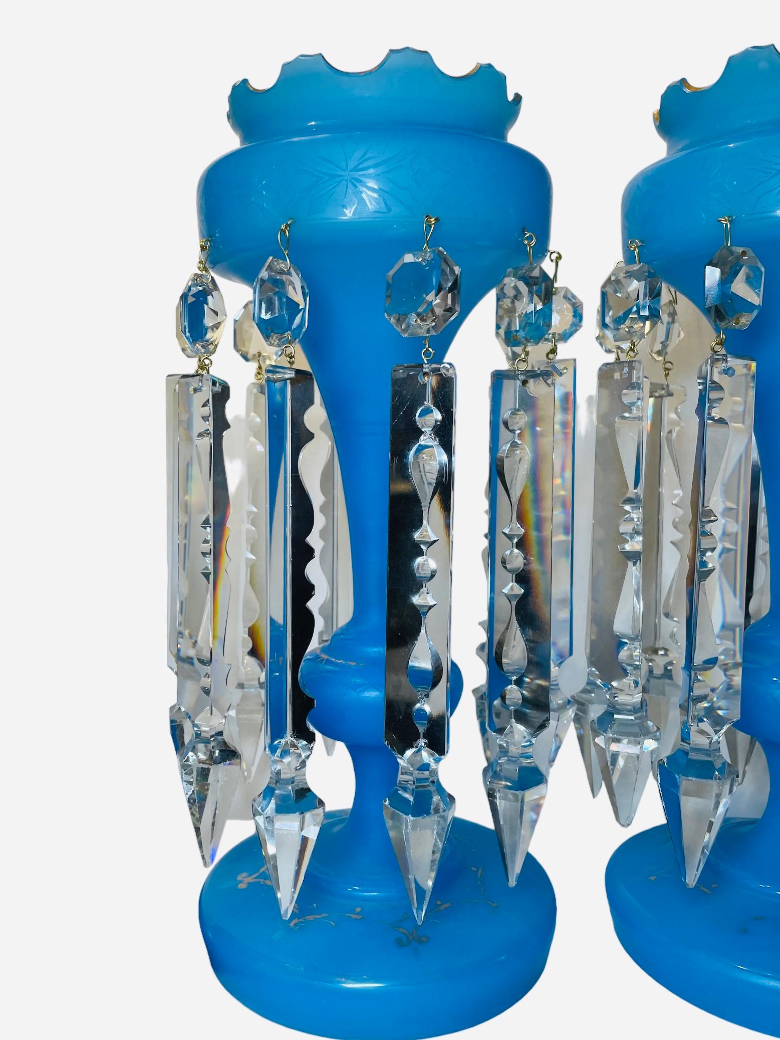 Pareja De Lustres De Vidrio Azul Para Chimenea De Estilo Victoriano en venta 1