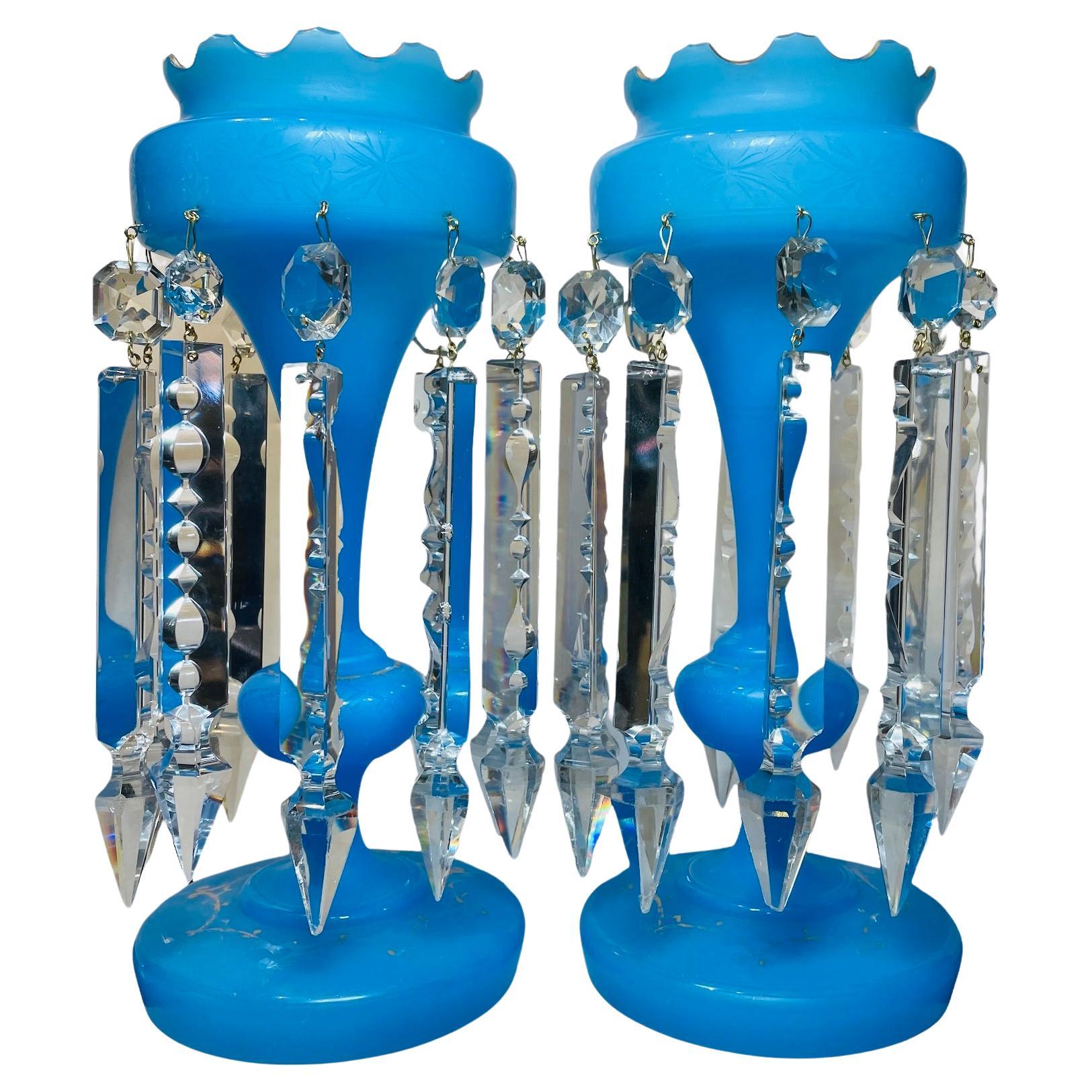 Pareja De Lustres De Vidrio Azul Para Chimenea De Estilo Victoriano en venta