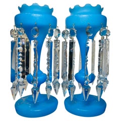 Victorian Style Pair Of Blue Glass Mantel Lusters